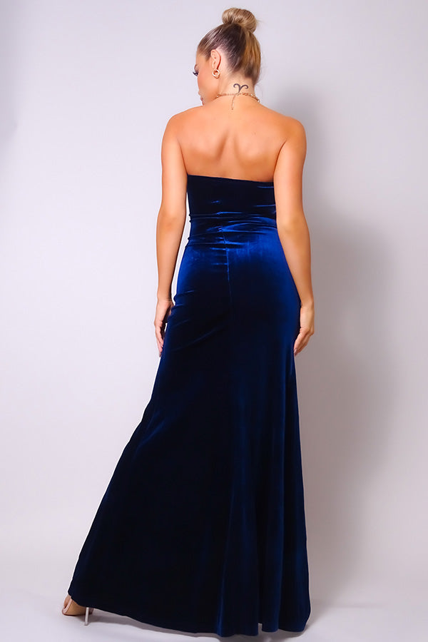 Women's Strapless Sweetheart Crossed Front Hem Slit Maxi Velvet Club Dress