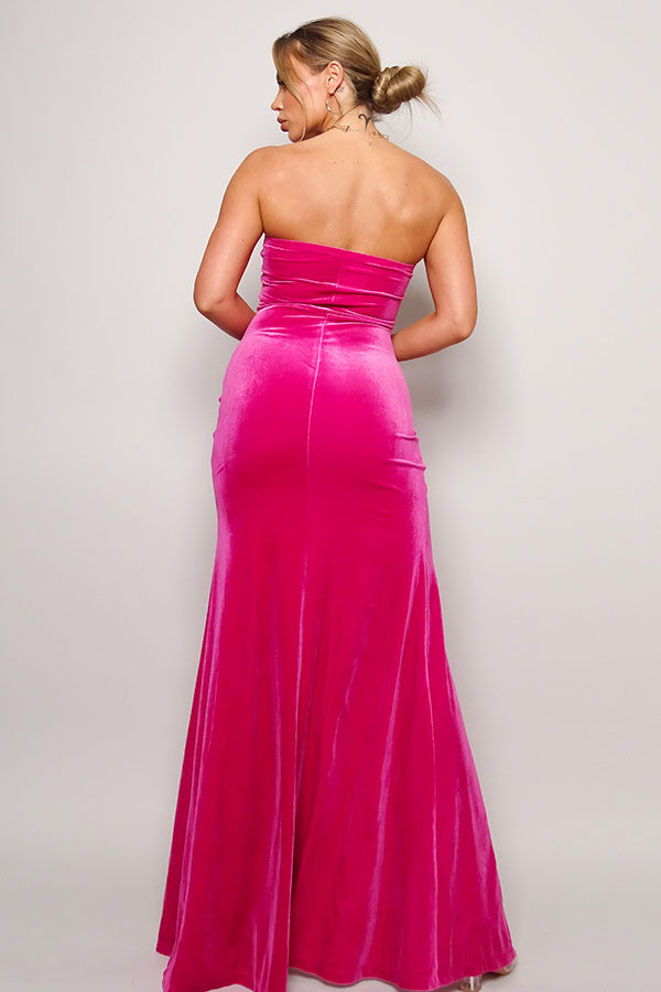 Women's Strapless Sweetheart Crossed Front Hem Slit Maxi Velvet Club Dress