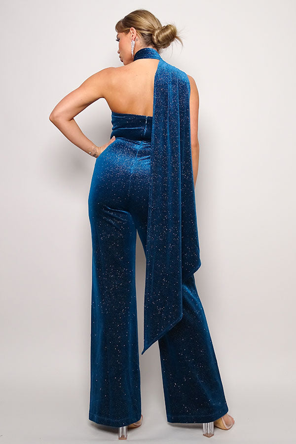 Women's Diagonal Neck Glitter Velvet Jumpsuit Sleeveless Open Back Scarf Top