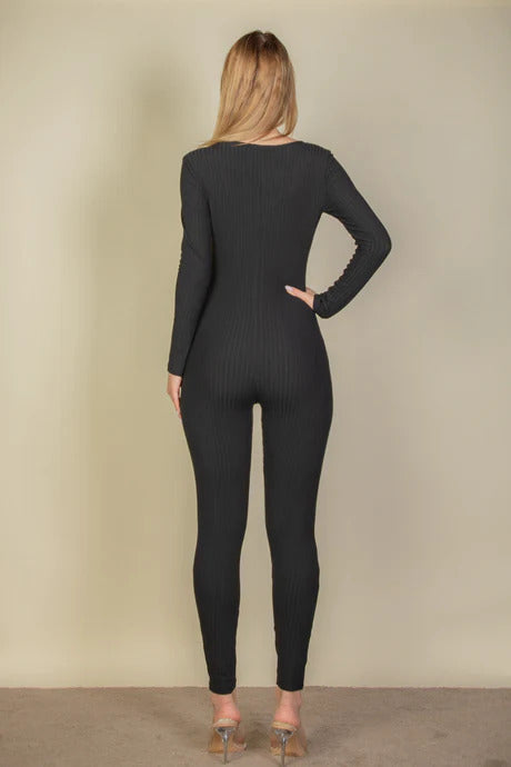 Women's Ribbed Scoop Neck Long Sleeve Stretchy Workout Romper Jumpsuit - Black