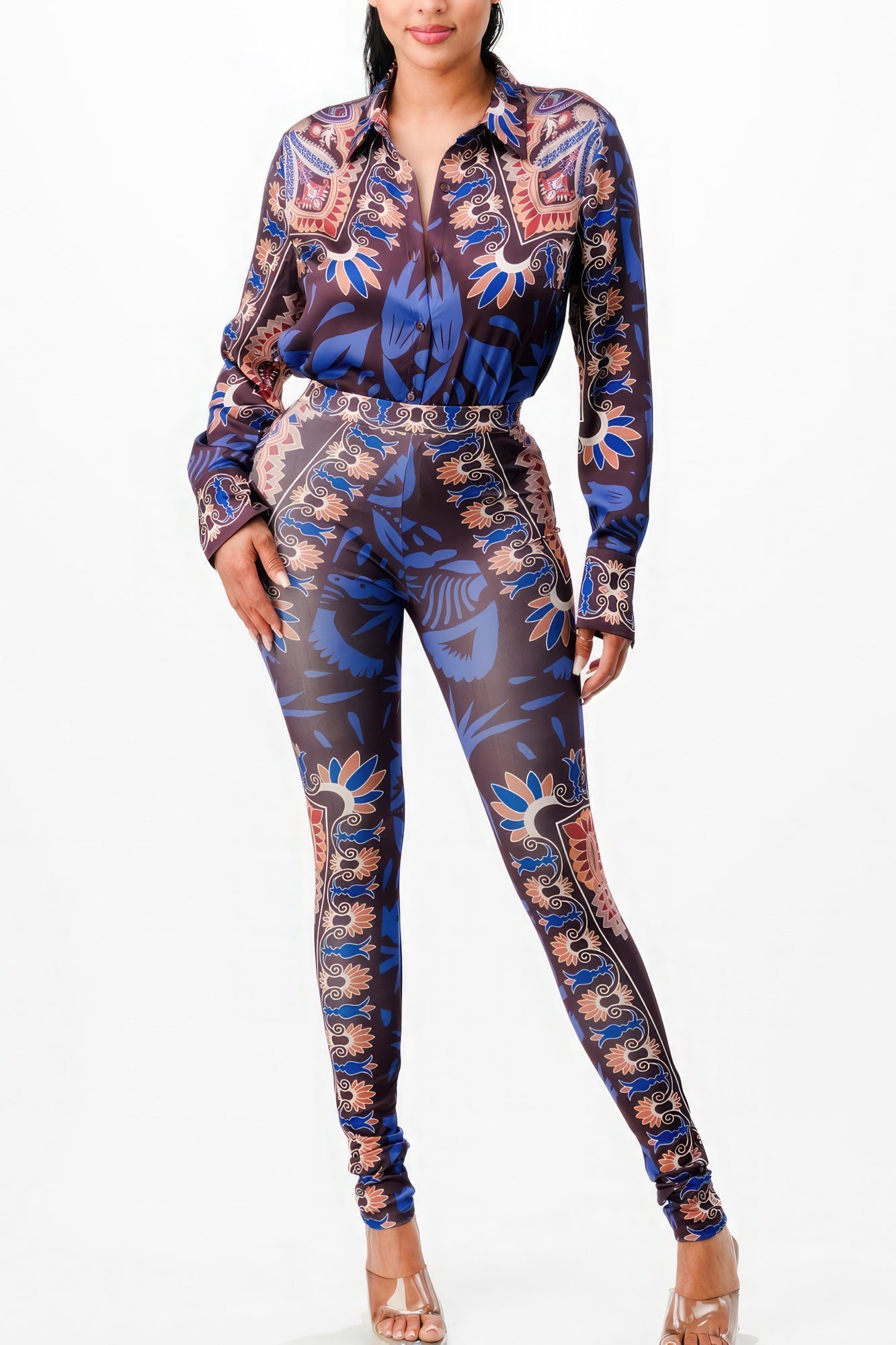 Womens Printed Satin Shirt Blouse Top & Leggings Style Pant Set Yoga Gym Workout