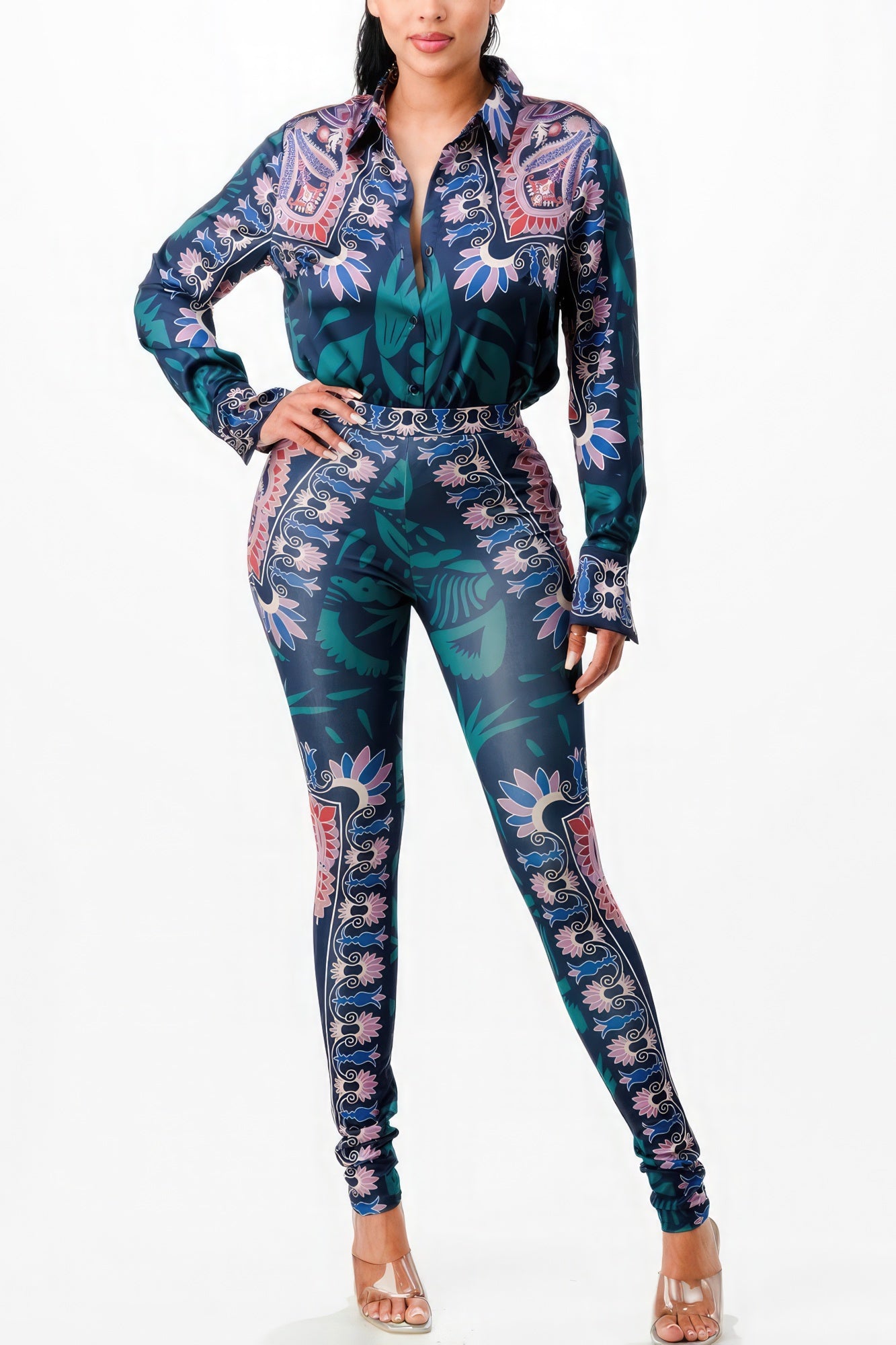 Womens Printed Satin Shirt Blouse Top & Leggings Style Pant Set Yoga Gym Workout