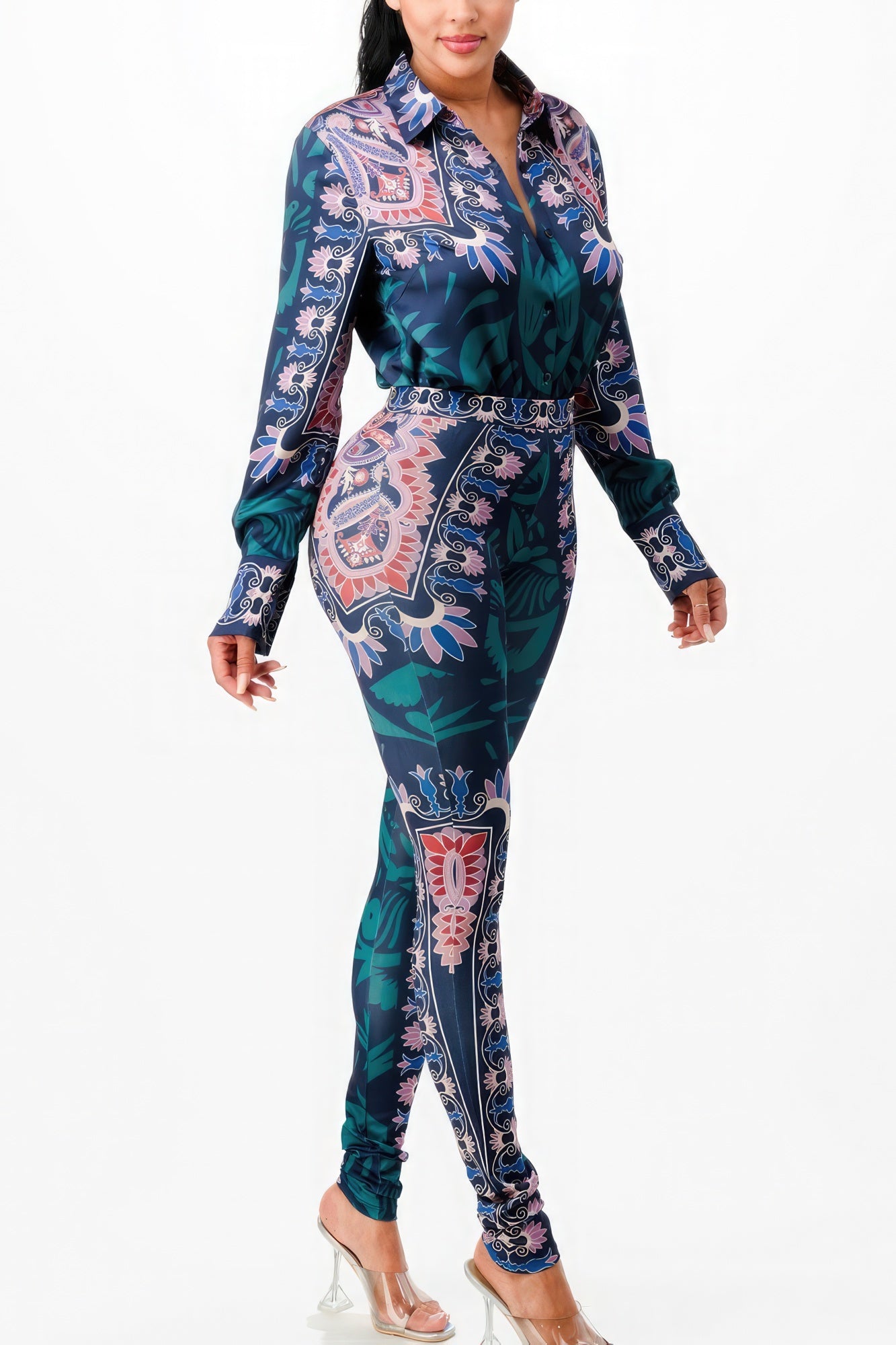 Womens Printed Satin Shirt Blouse Top & Leggings Style Pant Set Yoga Gym Workout