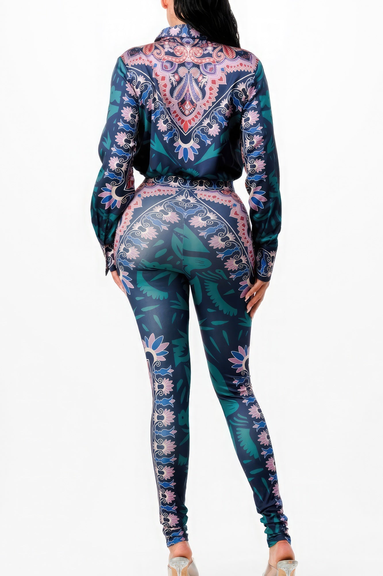 Womens Printed Satin Shirt Blouse Top & Leggings Style Pant Set Yoga Gym Workout