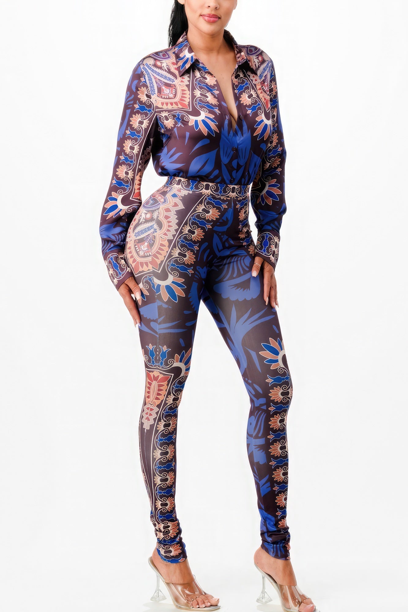 Womens Printed Satin Shirt Blouse Top & Leggings Style Pant Set Yoga Gym Workout