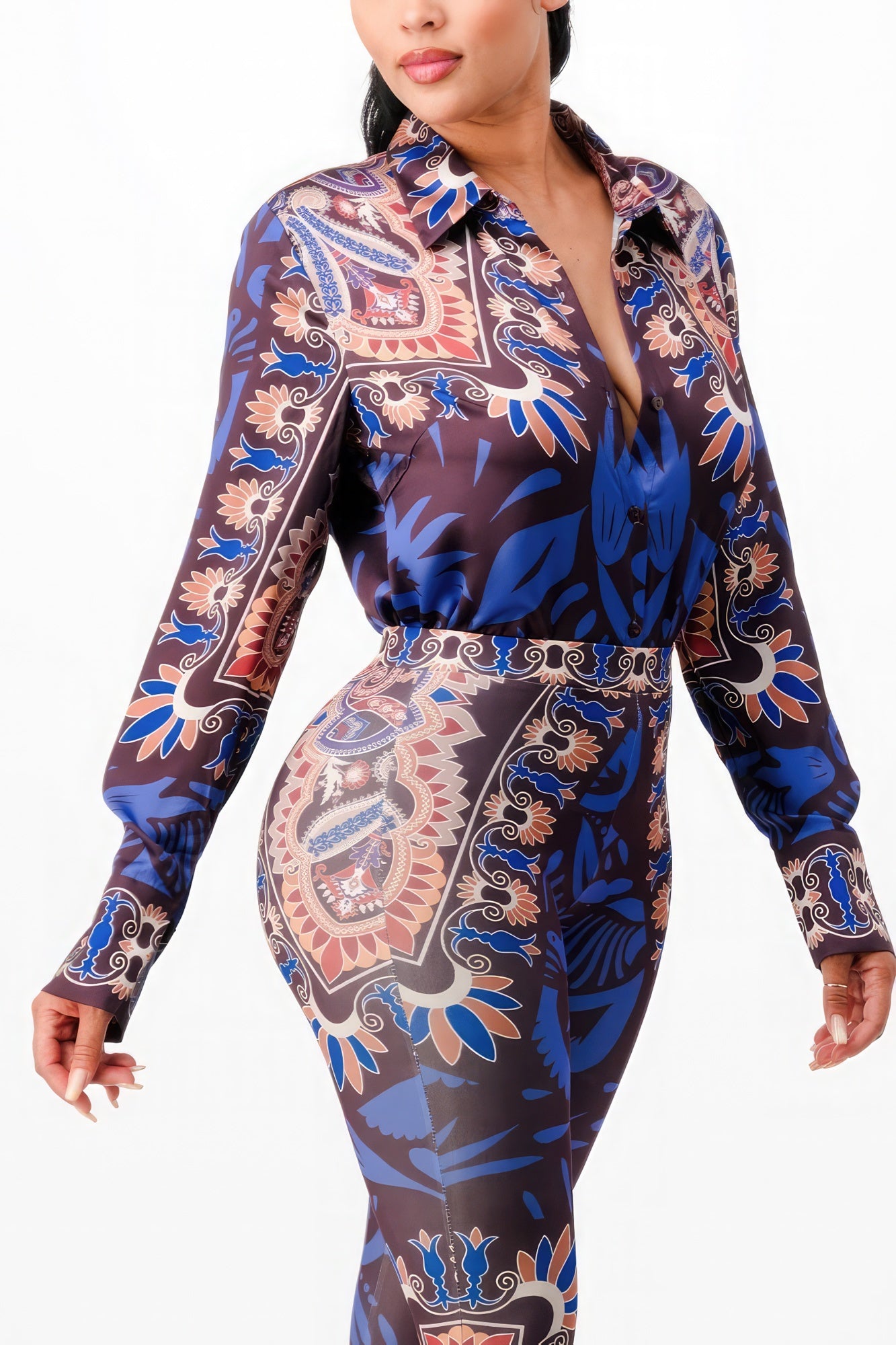 Womens Printed Satin Shirt Blouse Top & Leggings Style Pant Set Yoga Gym Workout