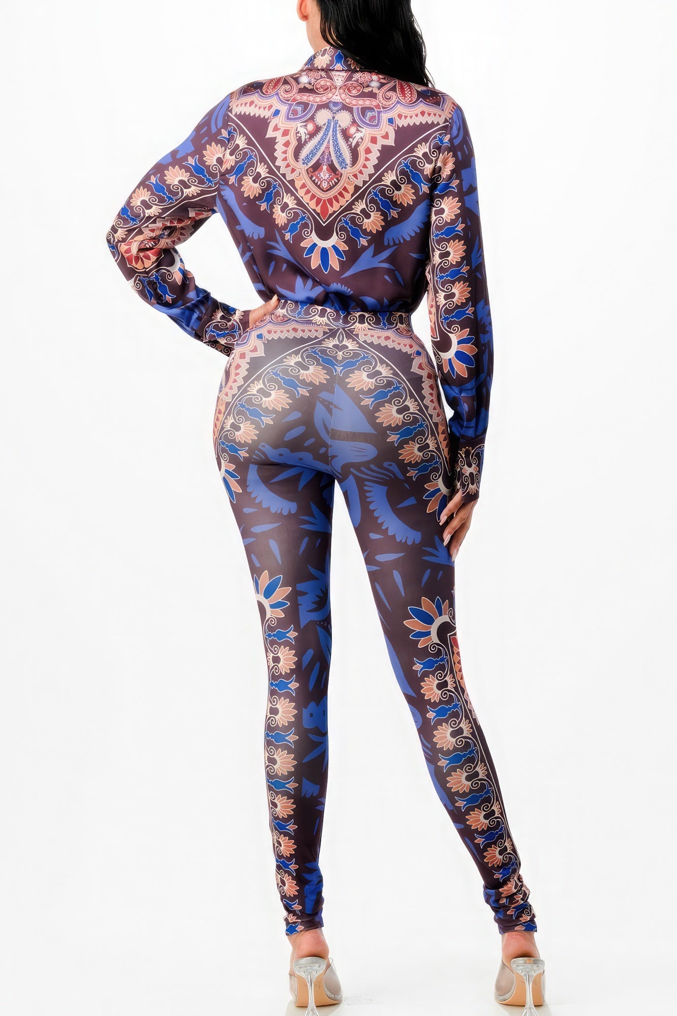 Womens Printed Satin Shirt Blouse Top & Leggings Style Pant Set Yoga Gym Workout