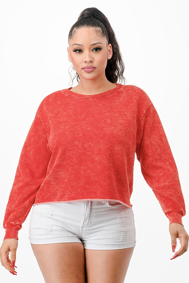 Women's Long Sleeve Washed Soft Cotton French Terry Cropped Top Sweatshirts