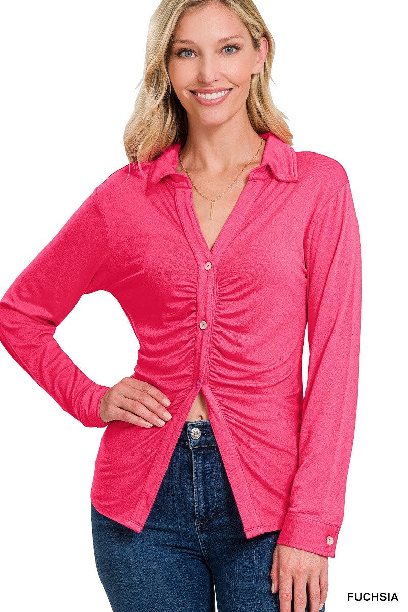 Women's Stretchy Ruched Shirt Button Down Long Sleeve Top - Fuchsia