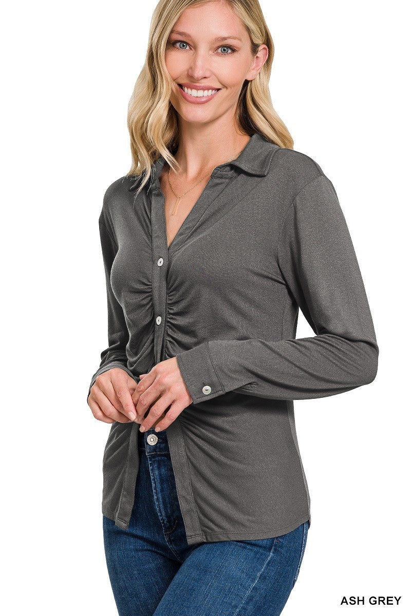 Women's Stretchy Ruched Shirt Button Down Long Sleeve Top - Ash Grey