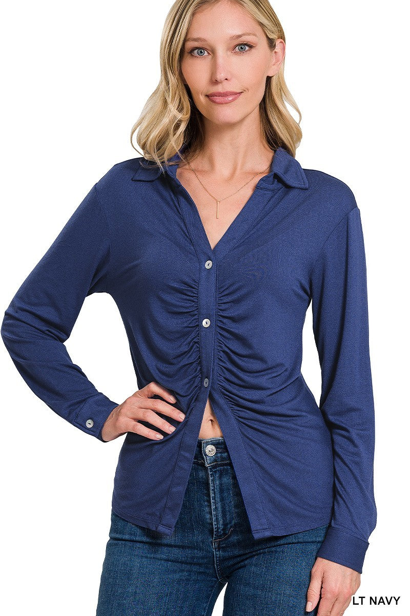 Women's Stretchy Ruched Shirt Button Down Long Sleeve Top - Light Navy