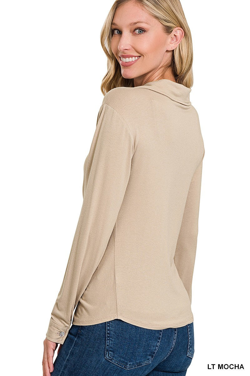 Women's Stretchy Ruched Shirt Button Down Long Sleeve Top - Light Mocha