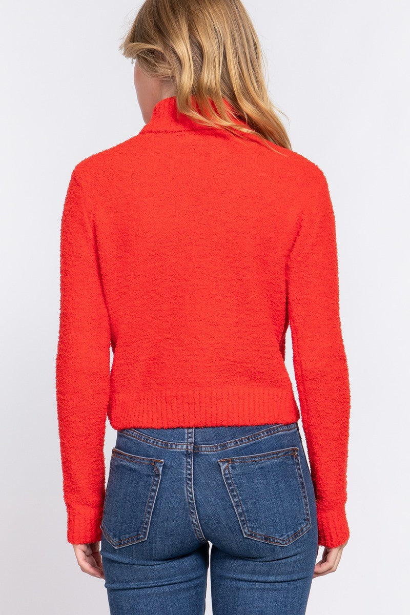Women's Long Sleeve Turtle Neck Fluffy Sweater Top - Orange