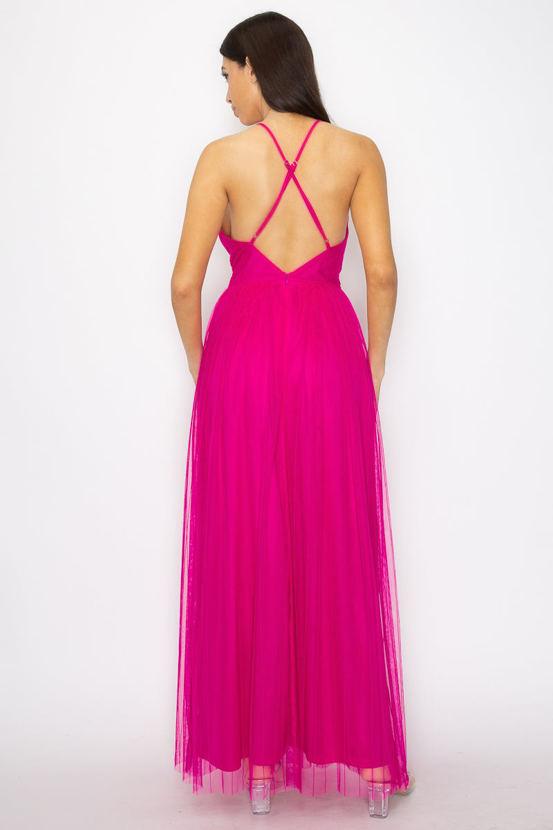 Women's Pleated Mesh Slit Maxi Dress Crossed Open Back Cinched Waist Cami Straps
