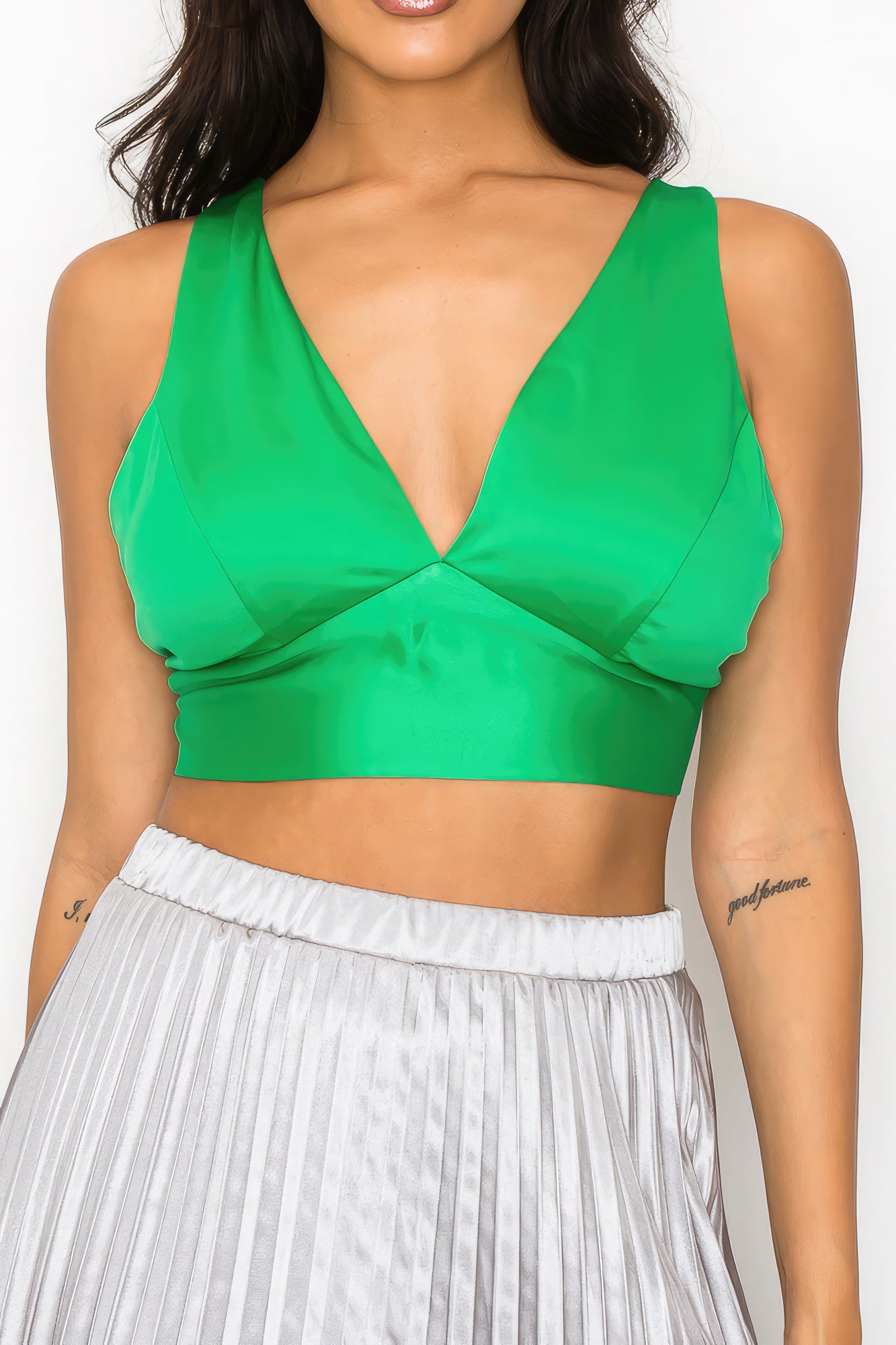 Women's Smock V-neck Satin Cropped Bra Top sleeveless Wide Straps Tank Blouse