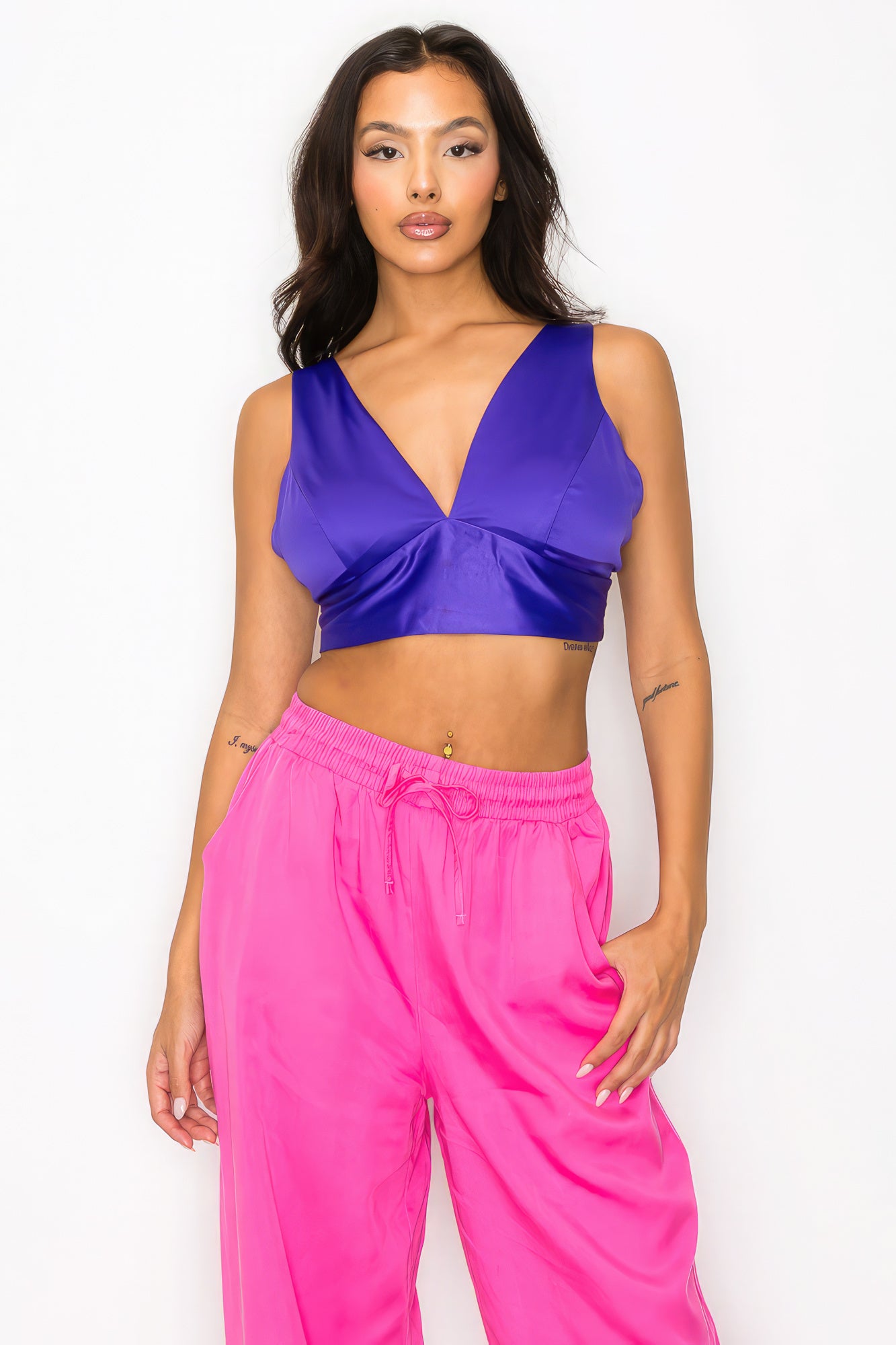 Women's Smock V-neck Satin Cropped Bra Top sleeveless Wide Straps Tank Blouse