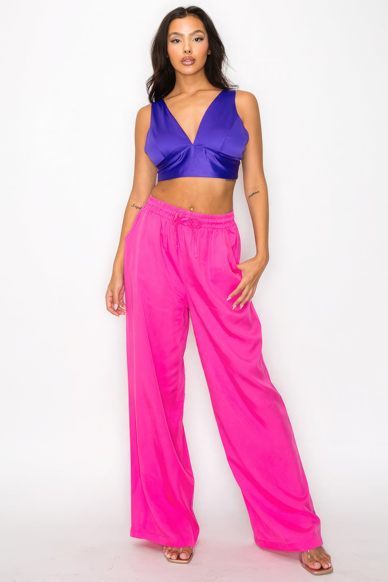 Women's Smock V-neck Satin Cropped Bra Top sleeveless Wide Straps Tank Blouse