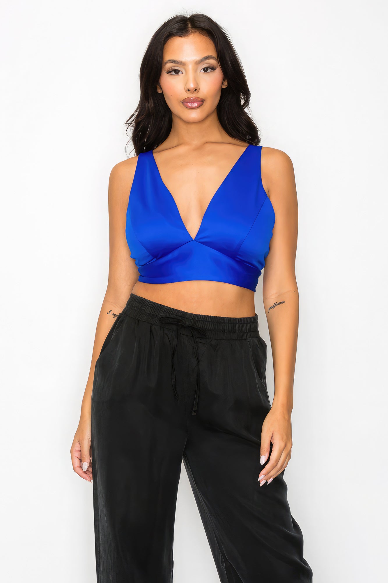 Women's Smock V-neck Satin Cropped Bra Top sleeveless Wide Straps Tank Blouse
