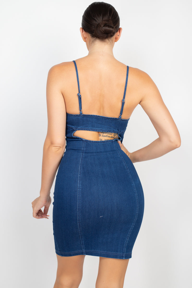 Front Button Cami Denim Bodycon Mini Dress Padded Cups with Underwire - Dark