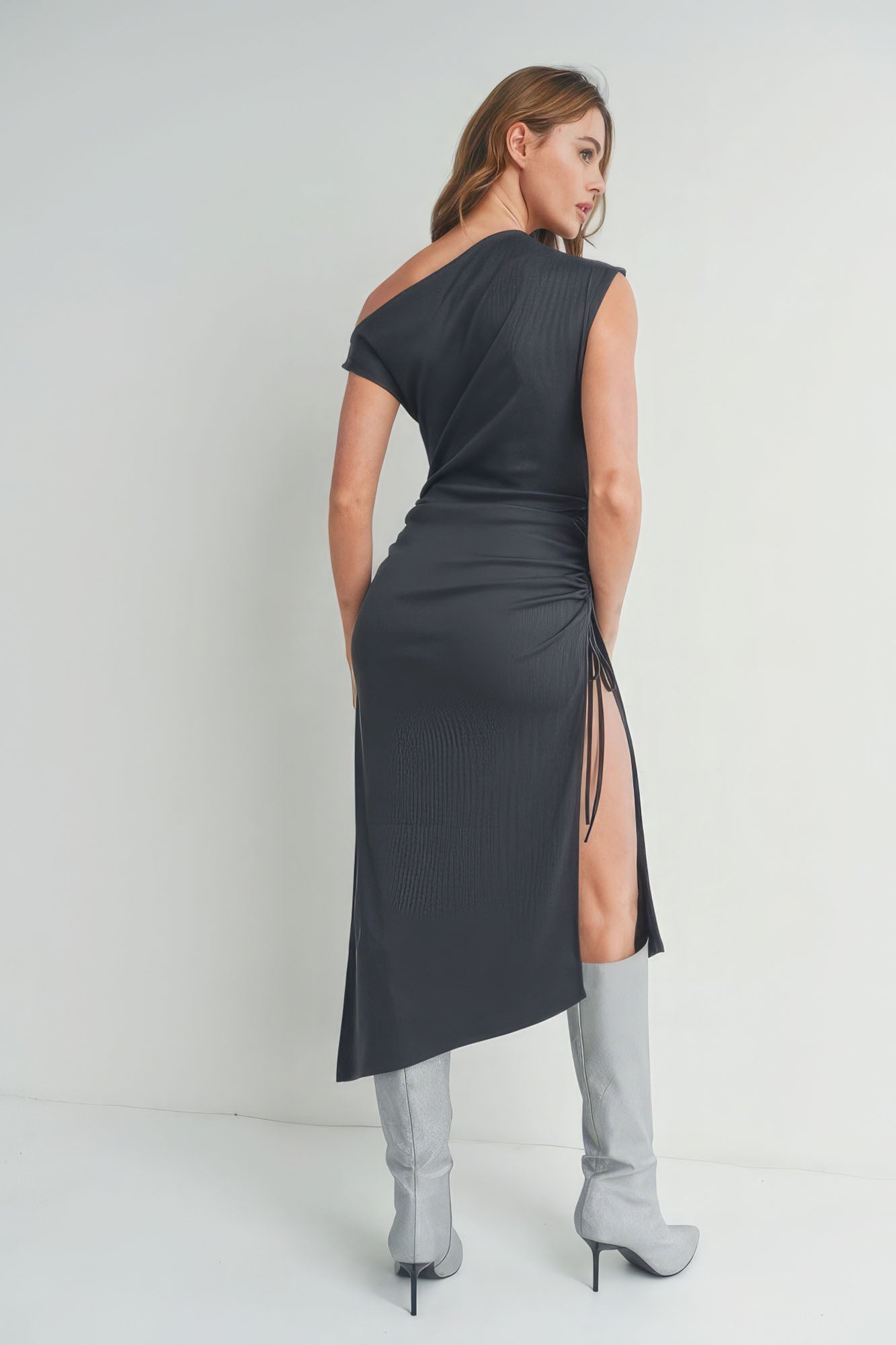 Women's Asymmetric Neck Off The Shoulder Maxi Dress Slits Midi Top - Charcoal