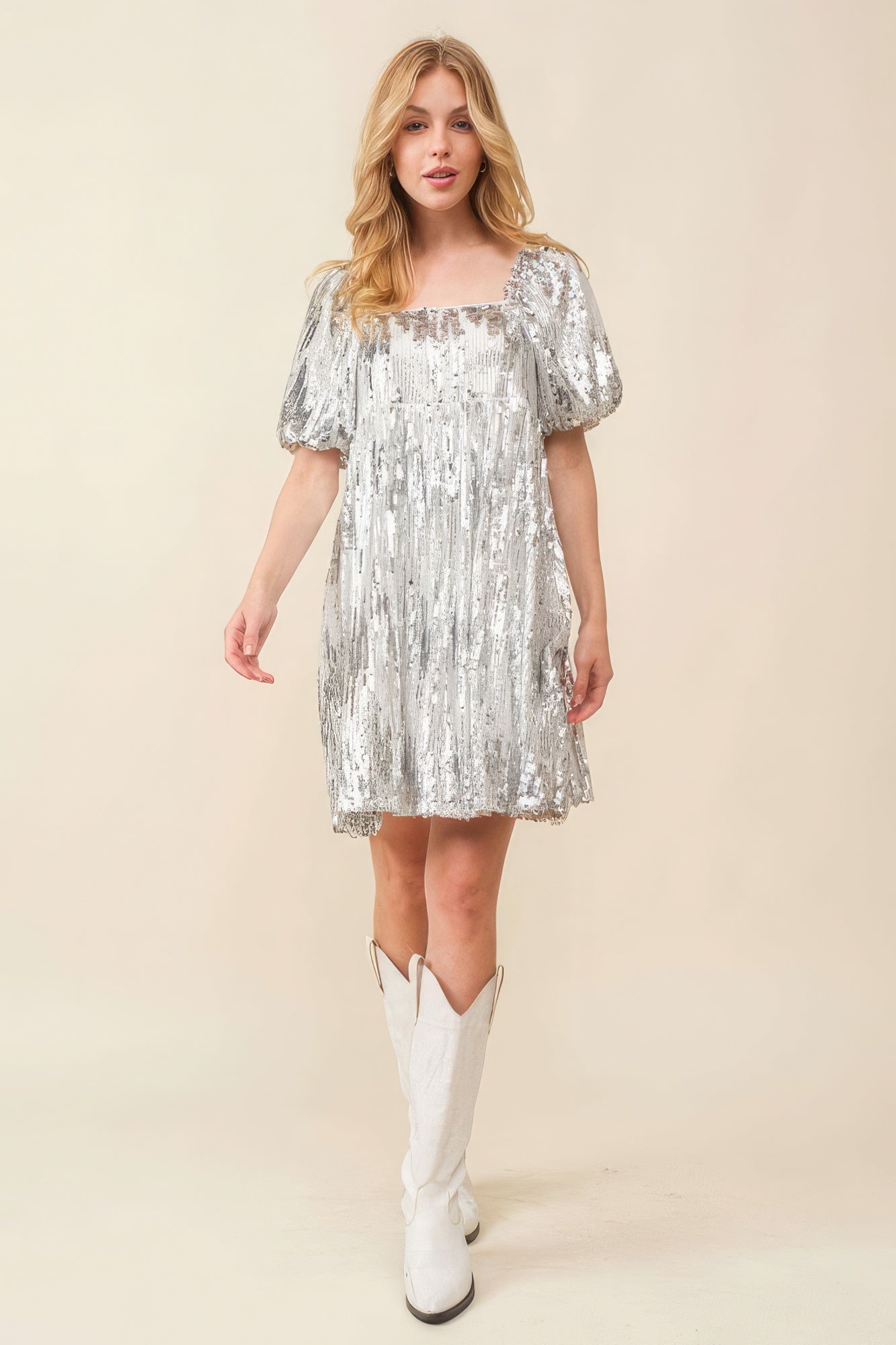 Women's Square Neck Sequin Baby Doll Mini Dress Bubble Short Sleeves Top