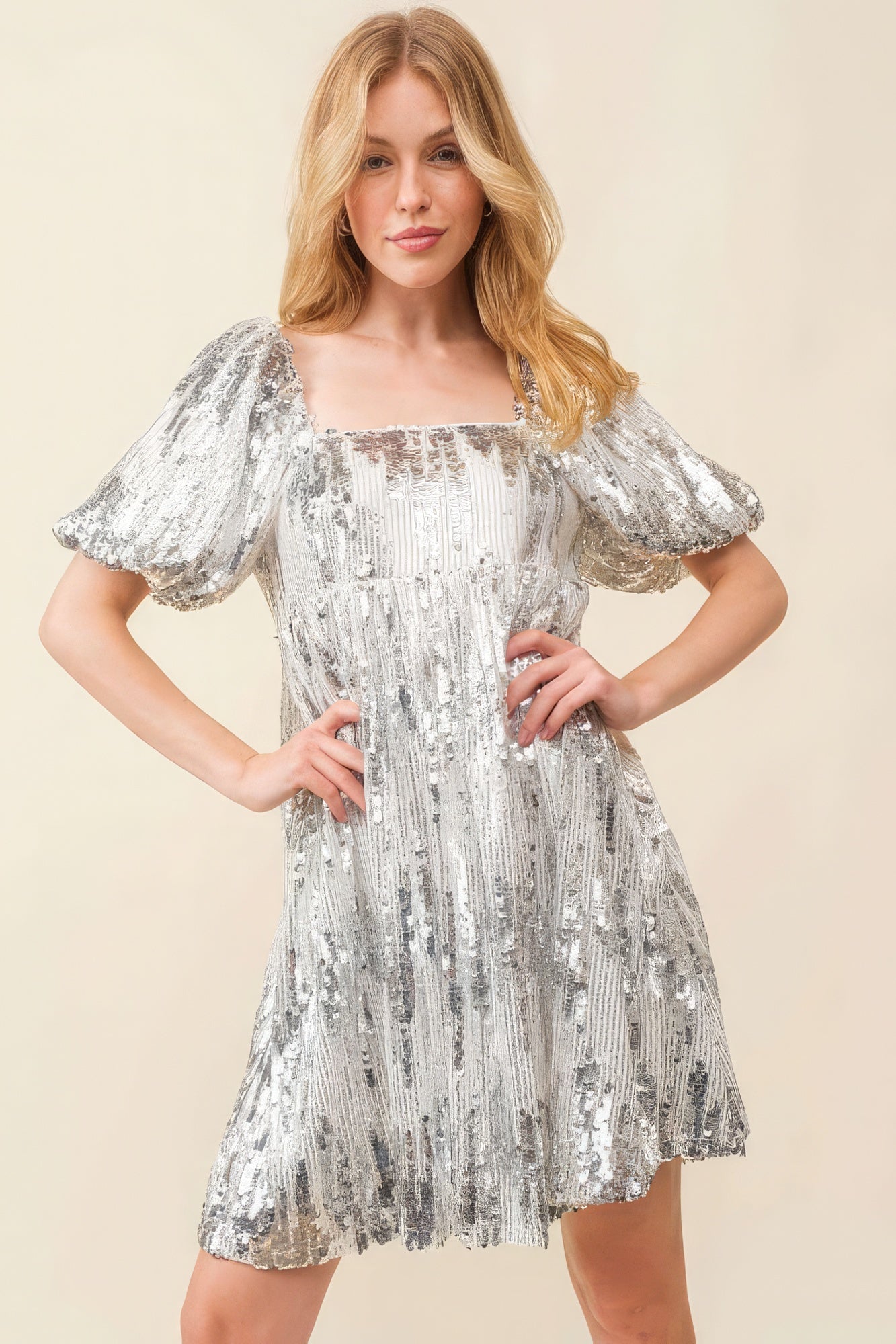 Women's Square Neck Sequin Baby Doll Mini Dress Bubble Short Sleeves Top