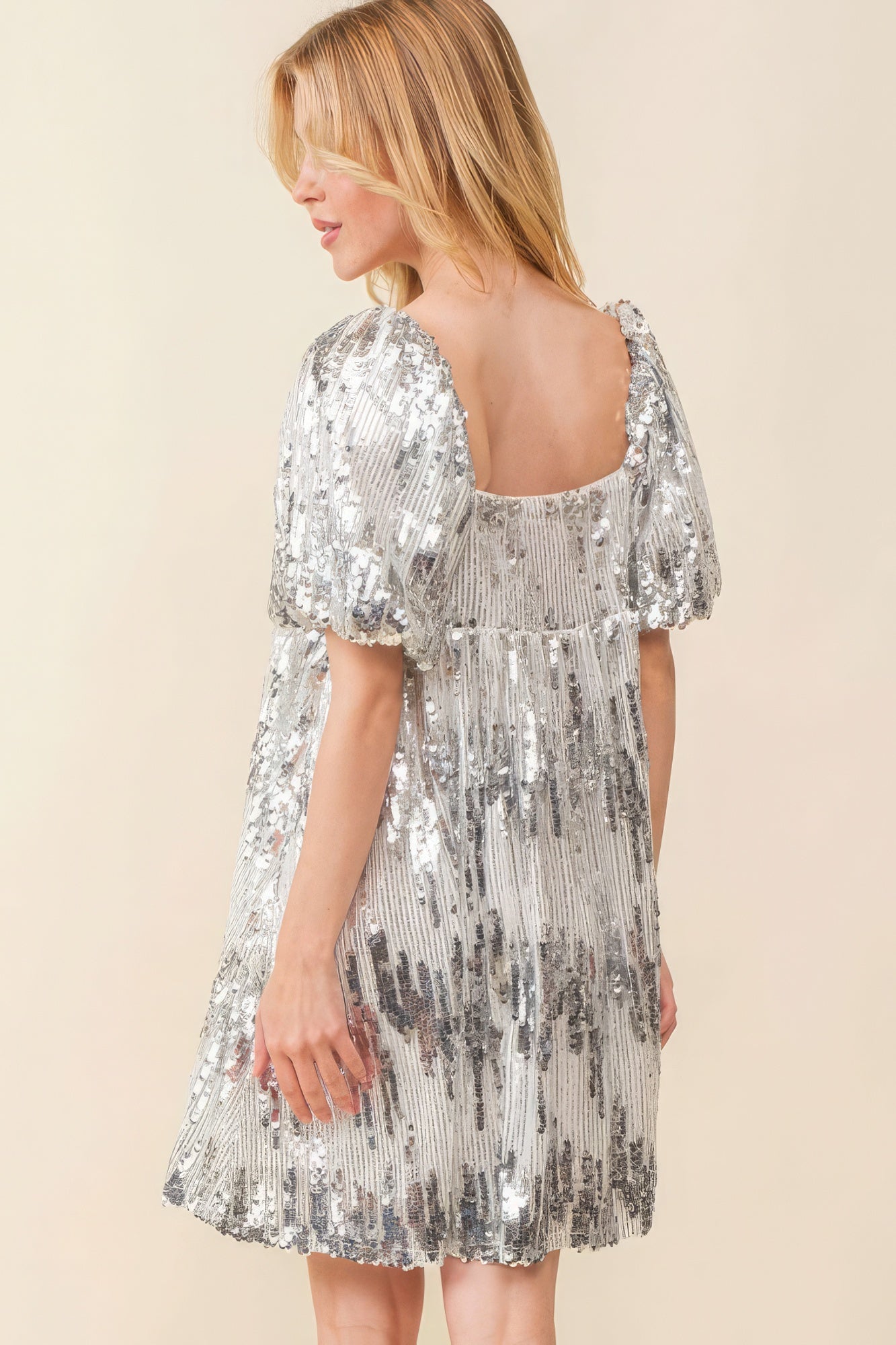 Women's Square Neck Sequin Baby Doll Mini Dress Bubble Short Sleeves Top