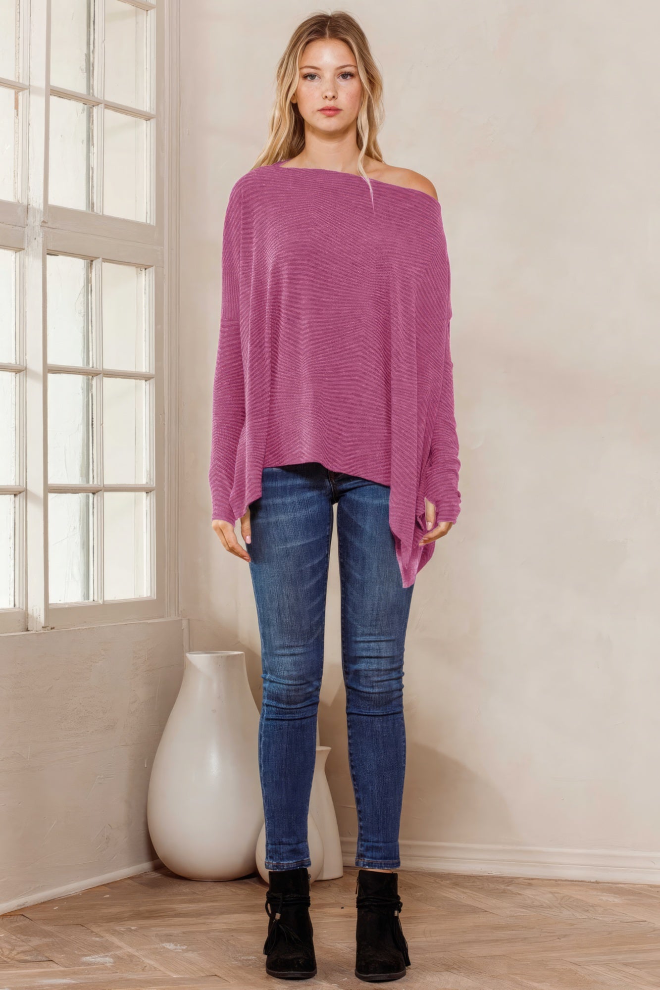 Women's Off the Shoulder Diamond Rib Printed Dolman Top Long Sleeve Soft T-Shirt