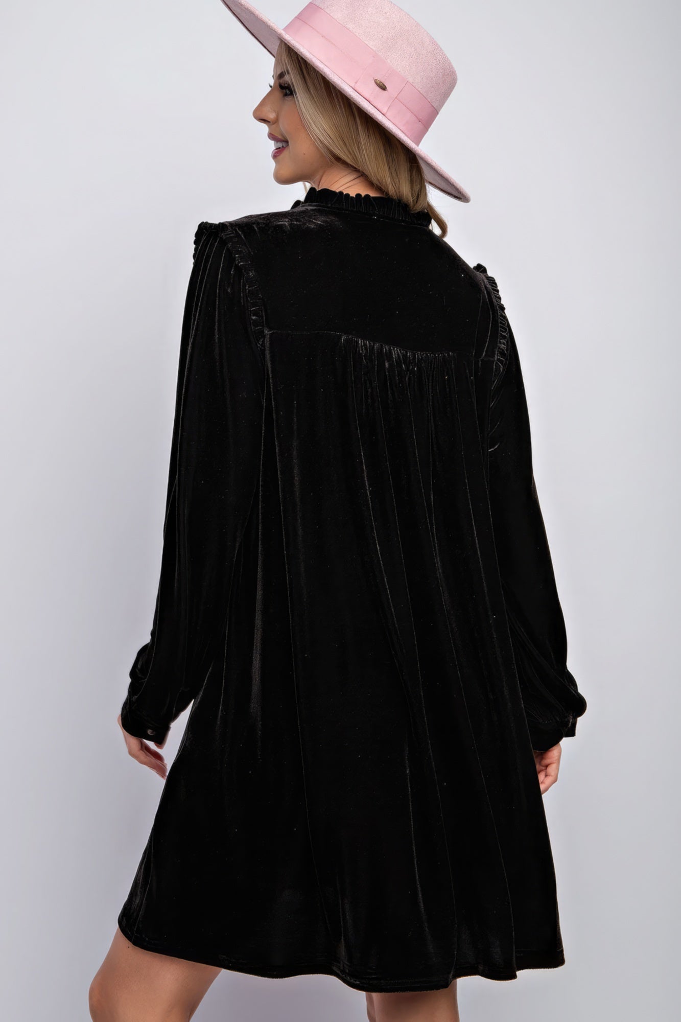 Women's V-neck Ruffle Velvet Mini Dress Long Sleeve Pockets Loose Stretchy Top