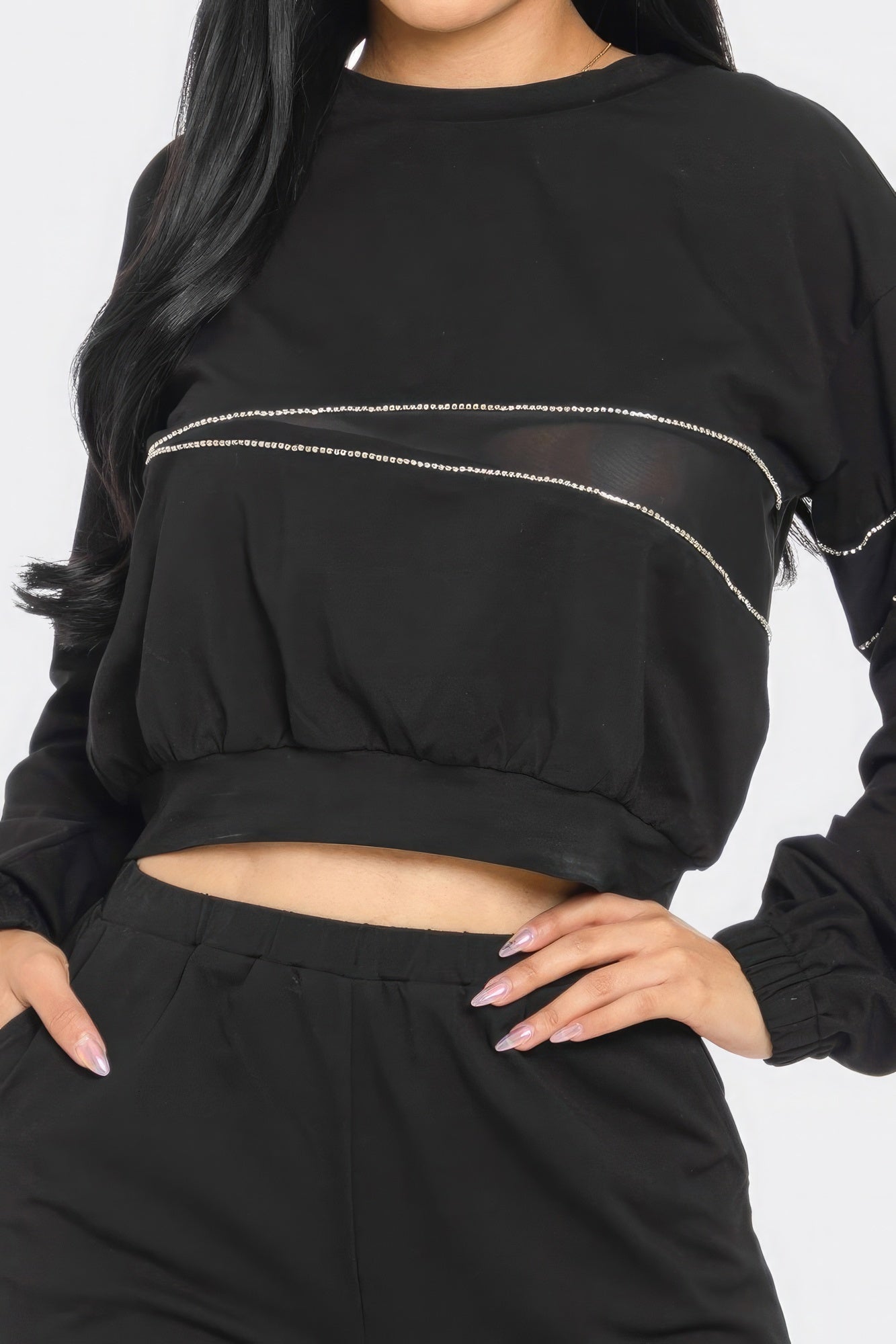 Women Terry Mesh Rhinestone Crop Top & Joggers 2 Piece Loungewear Tracksuit Set