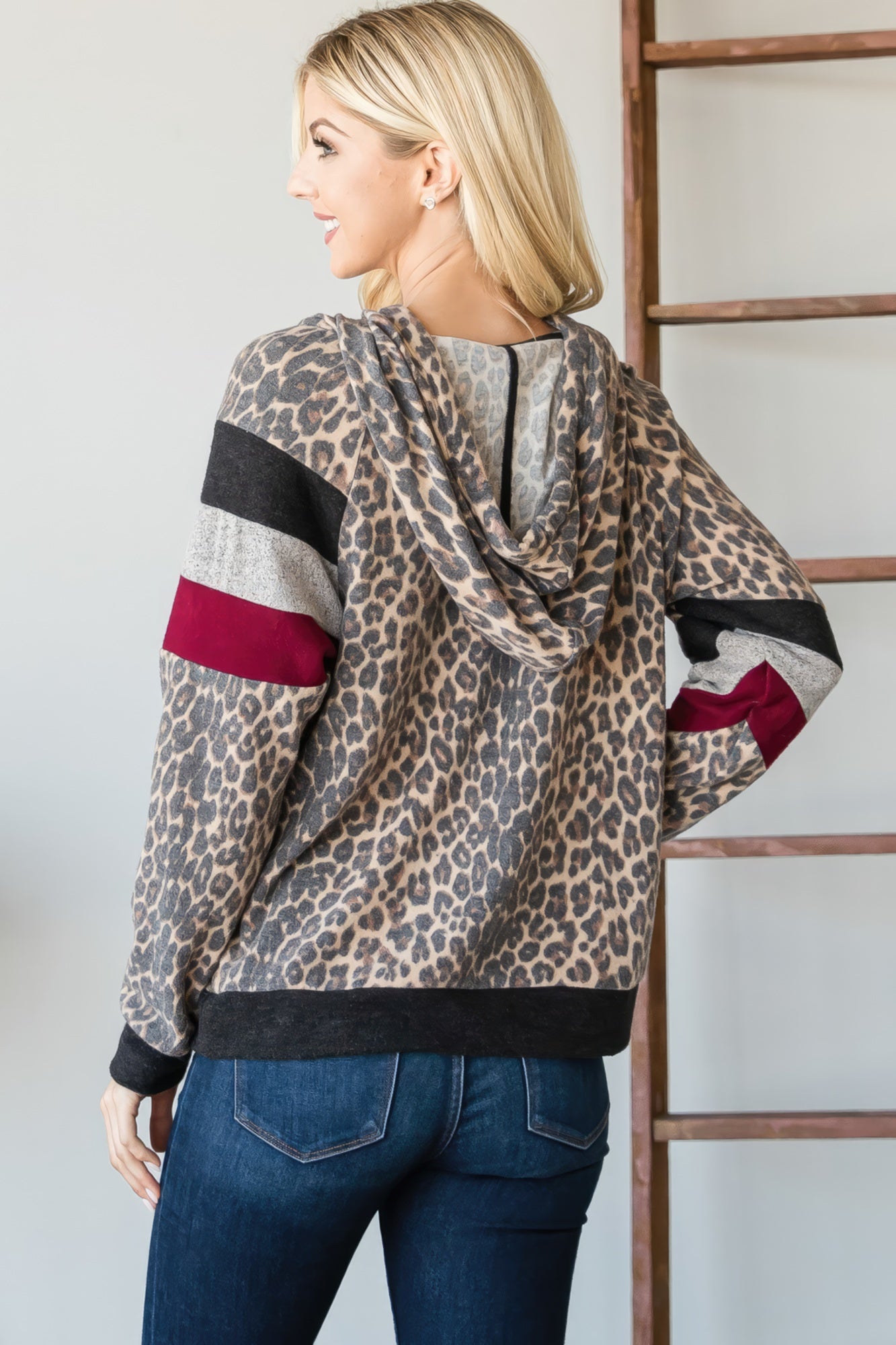 Women's Cozy Hoodie Washed Leopard Print Pullover Sweatshirt Casual Long Sleeve