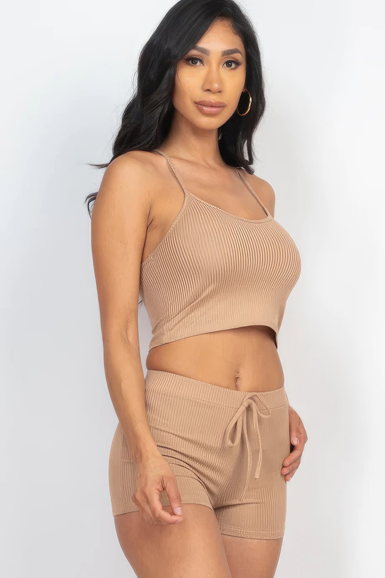 Women Ribbed Crop Cami Tank Top & Shorts Stretch Casual Workout Loungewear Set
