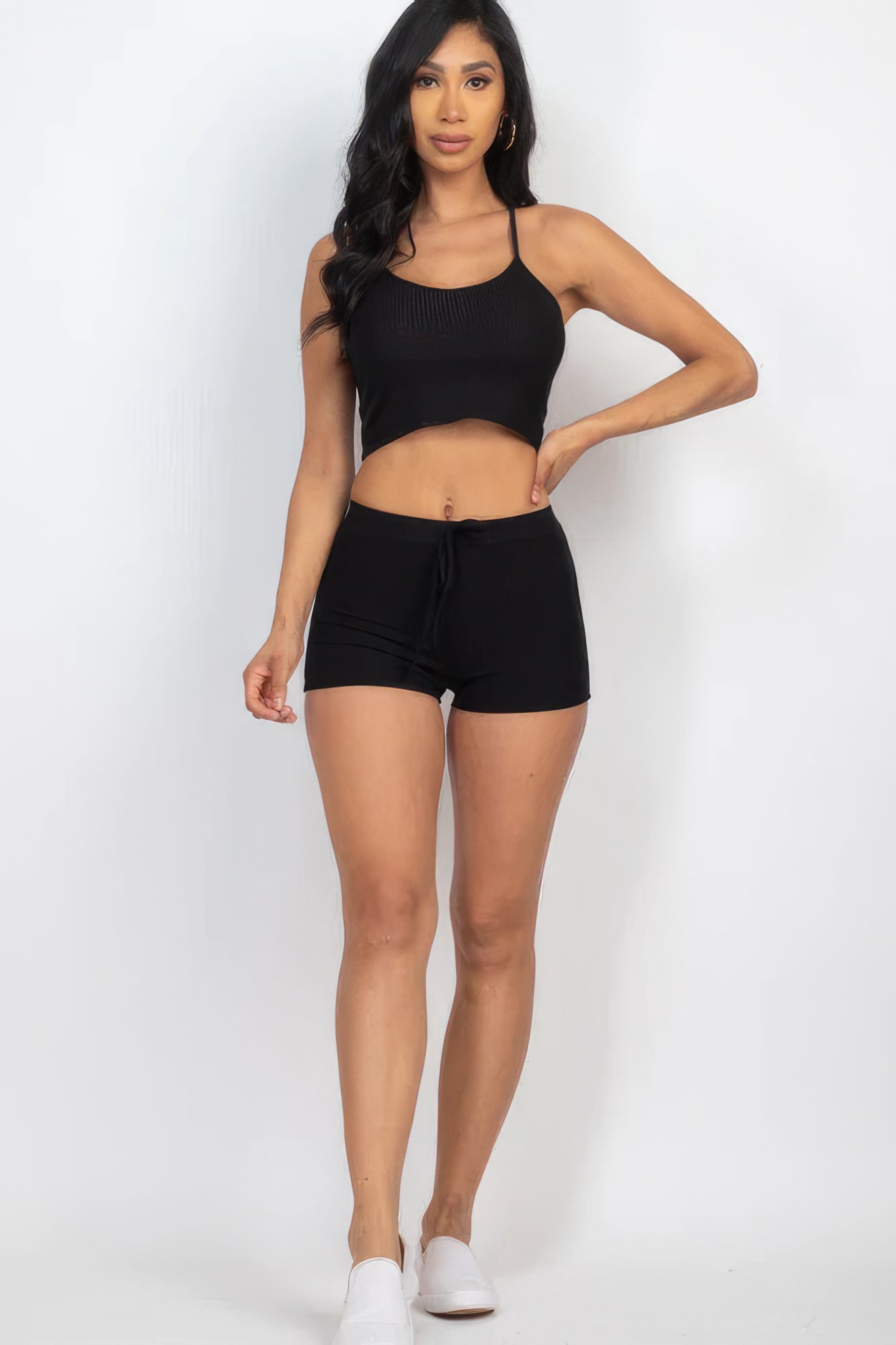 Women Ribbed Crop Cami Tank Top & Shorts Stretch Casual Workout Loungewear Set
