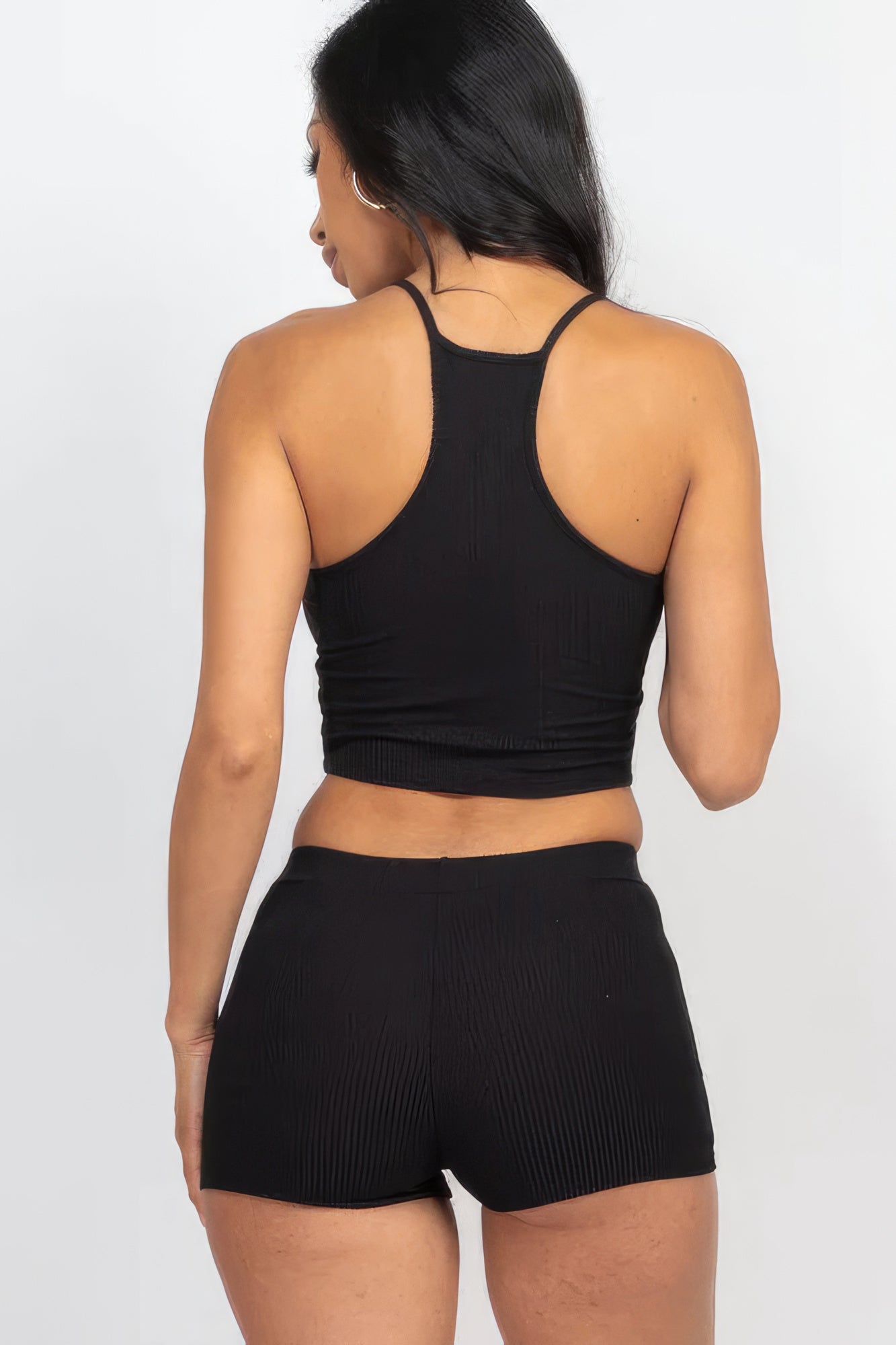 Women Ribbed Crop Cami Tank Top & Shorts Stretch Casual Workout Loungewear Set