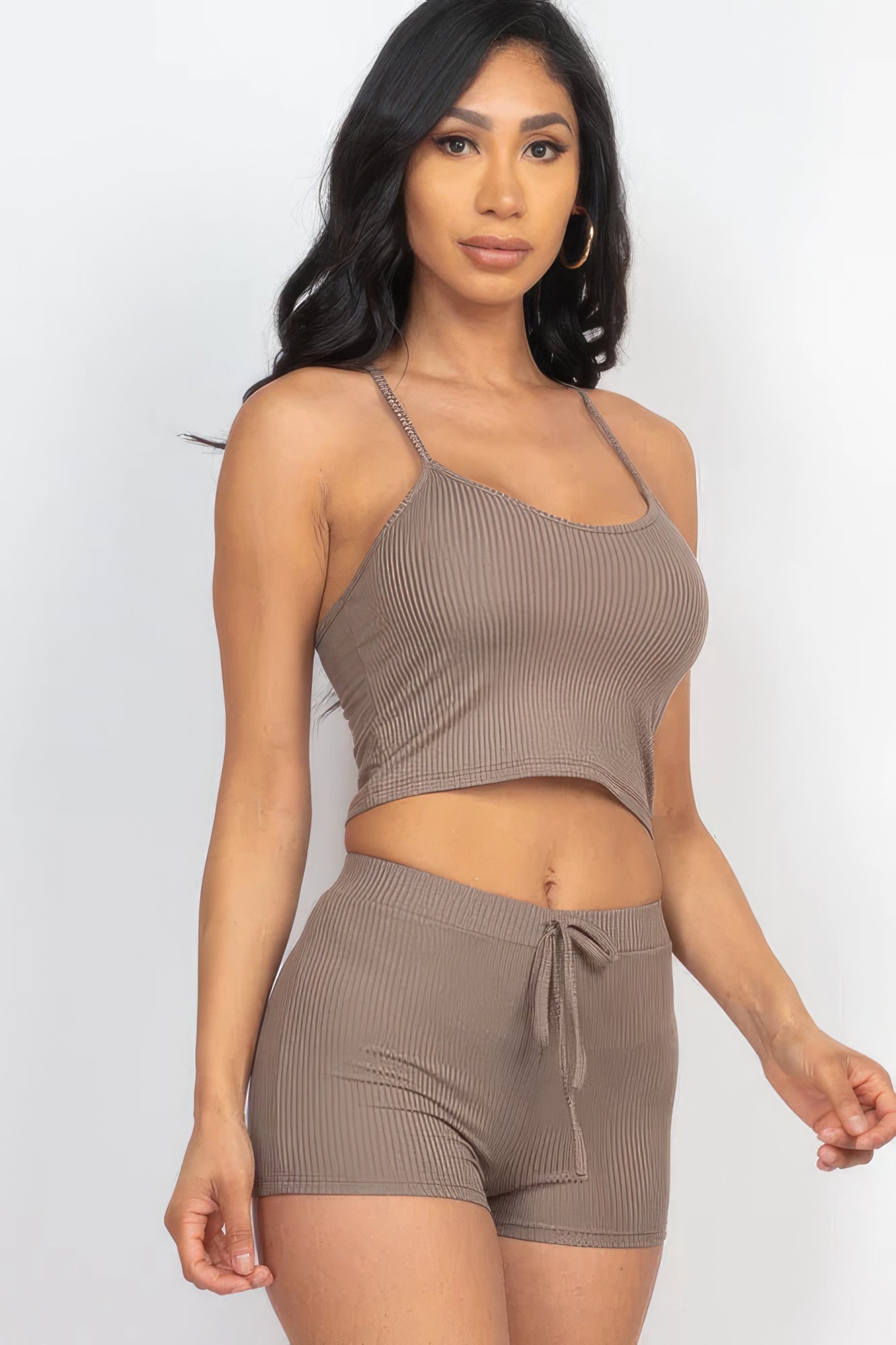 Women Ribbed Crop Cami Tank Top & Shorts Stretch Casual Workout Loungewear Set