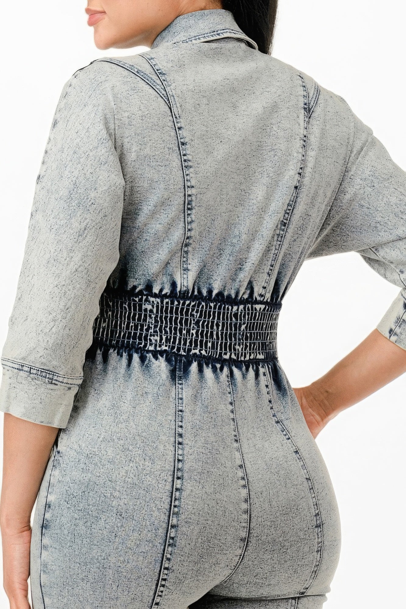 Women's 3/4 Sleeves Denim Jumpsuit Washed Stretch Zipper Front Smocking Elastic