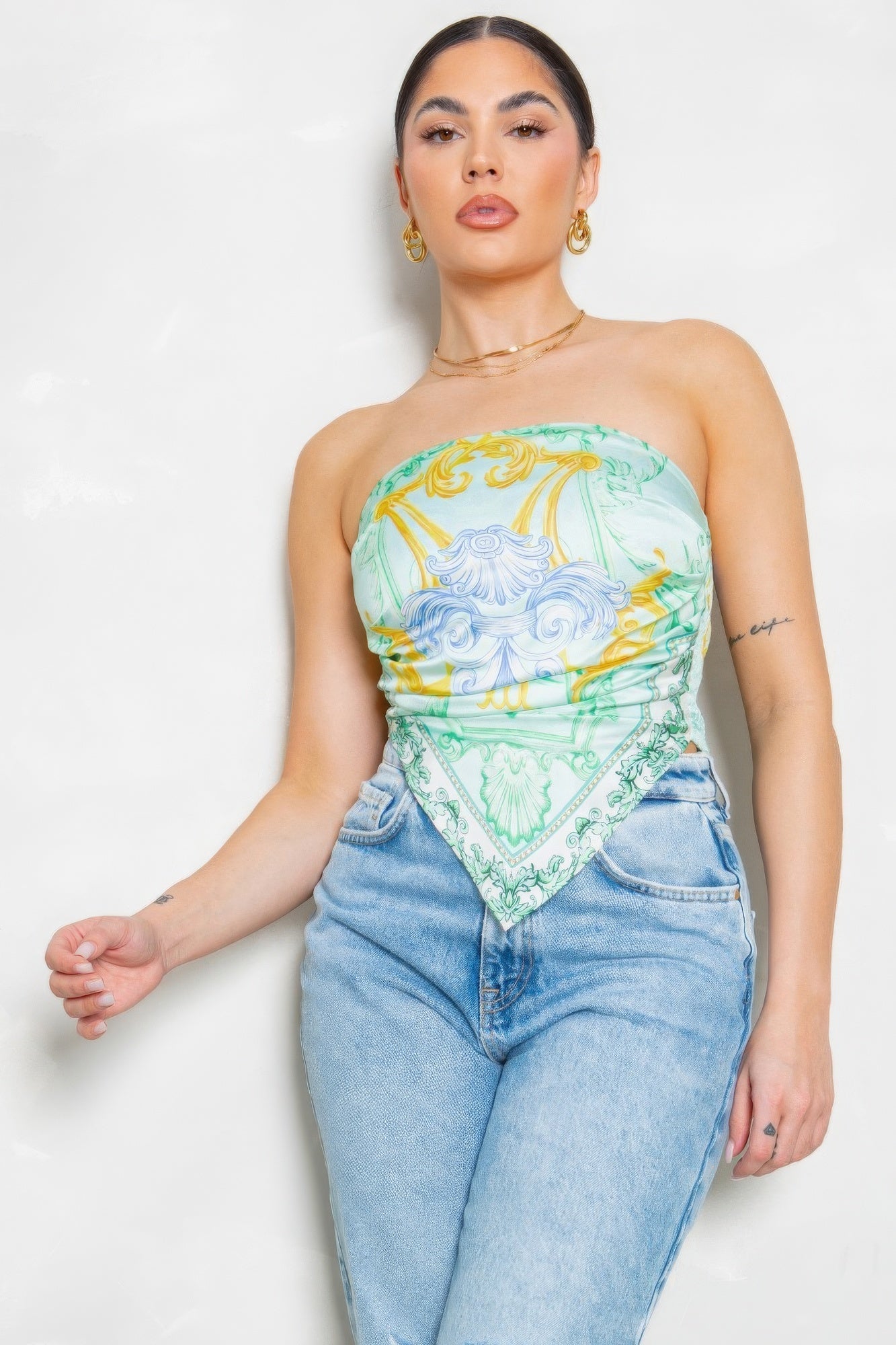 Women’s Strapless Scarf Bandeau Top Satin Effect Printed Elastic Back Blouse