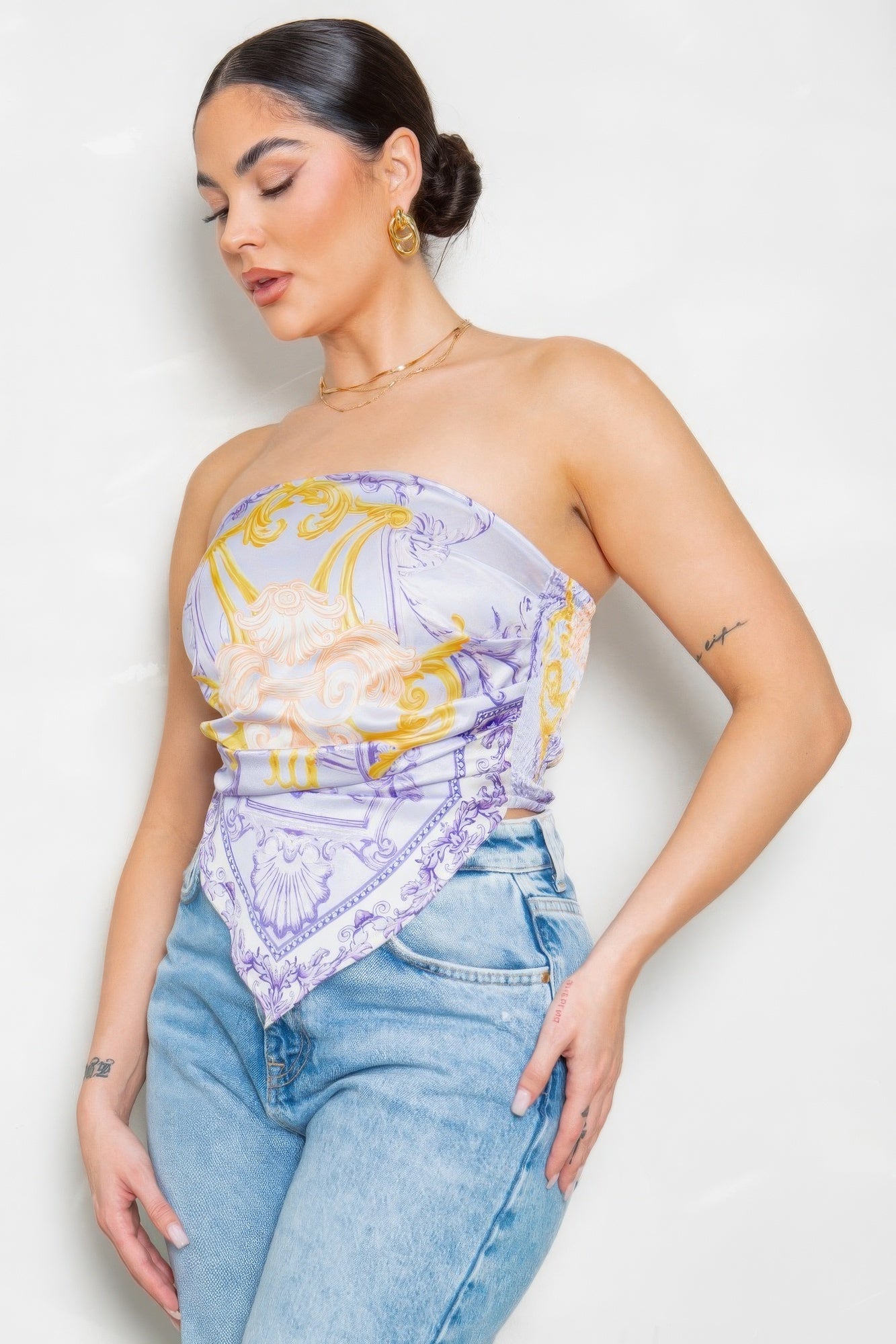 Women’s Strapless Scarf Bandeau Top Satin Effect Printed Elastic Back Blouse