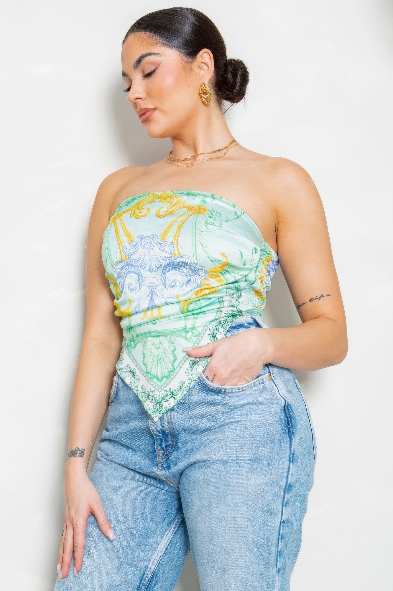 Women’s Strapless Scarf Bandeau Top Satin Effect Printed Elastic Back Blouse