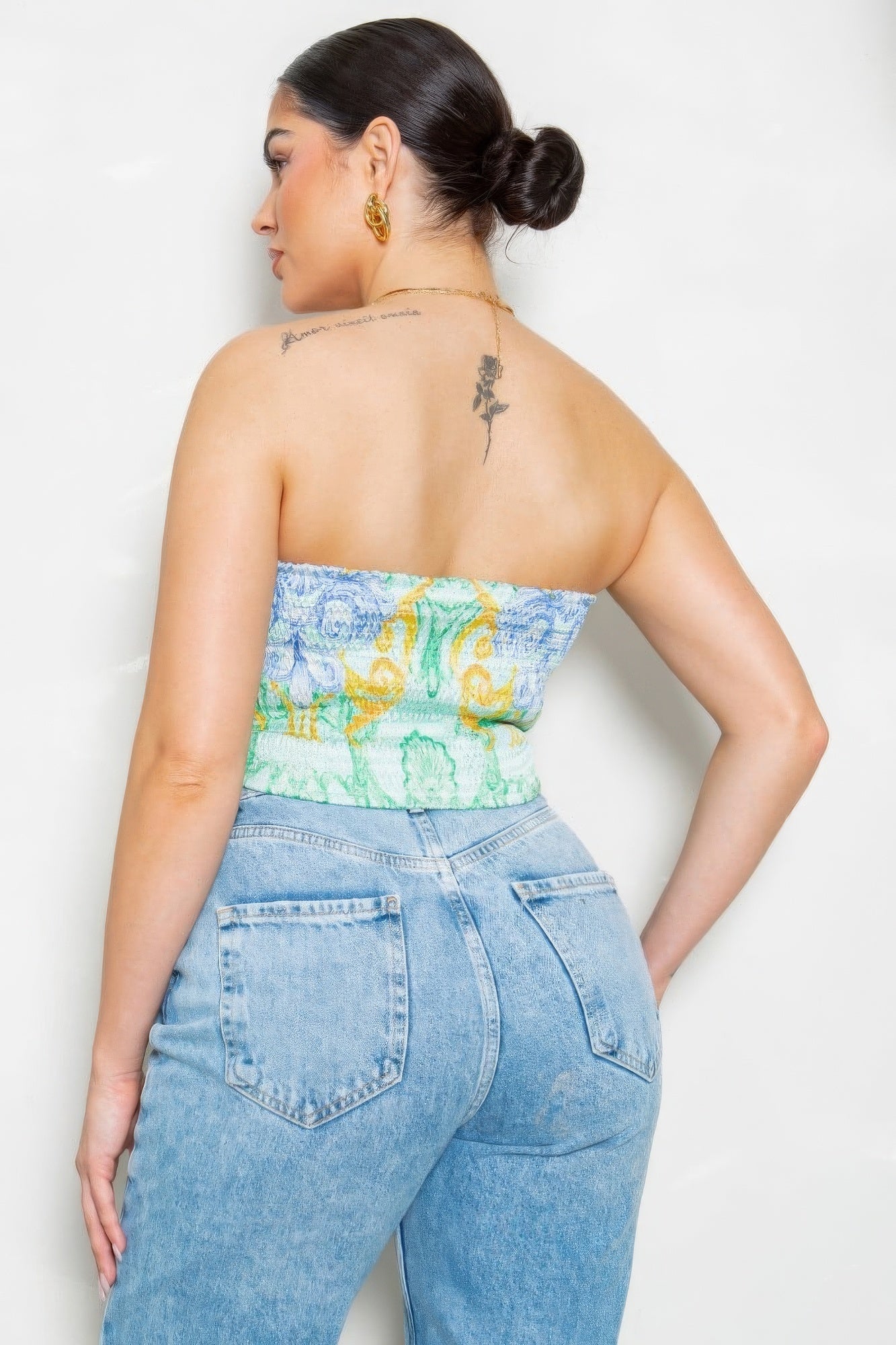 Women’s Strapless Scarf Bandeau Top Satin Effect Printed Elastic Back Blouse