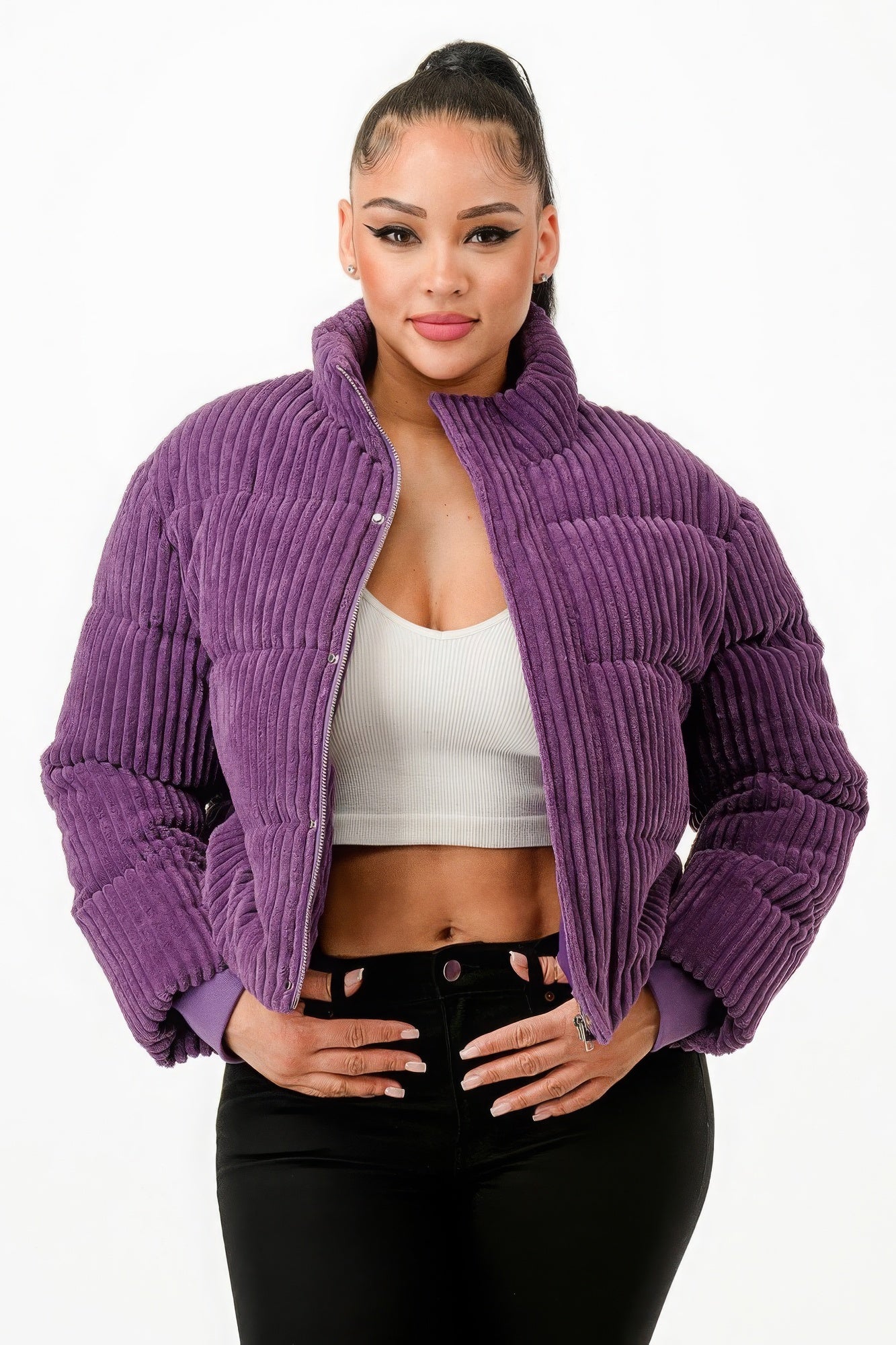 Women's Cropped Corduroy Puffer Jacket Zip Up Collar Pockets Long Sleeve Coat
