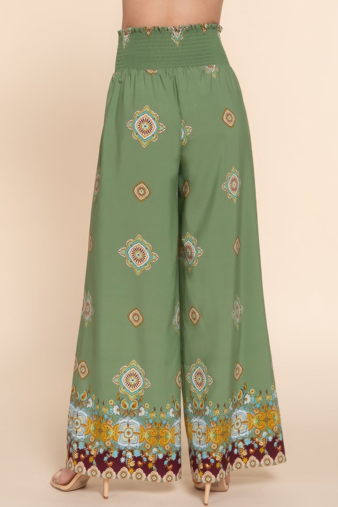 Women's Wide Leg Border Print Woven Pants Waist Smocked Loose Casual Palazzo