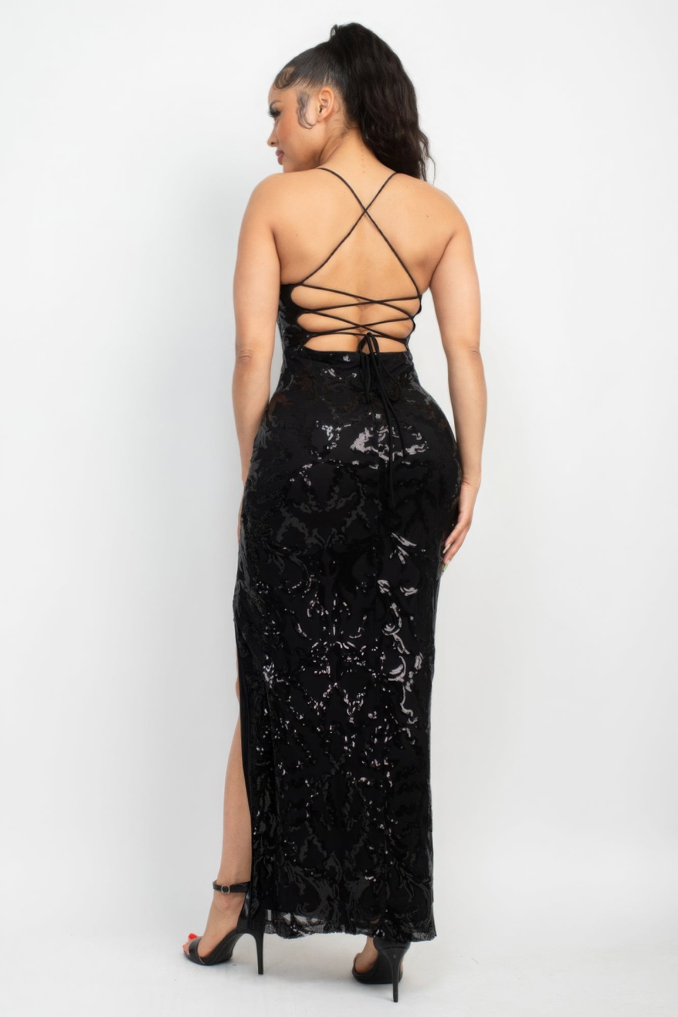 Women's Scoop Neck Maxi Dress Sequin Back-crisscross Tie Slit Bodycon Couture