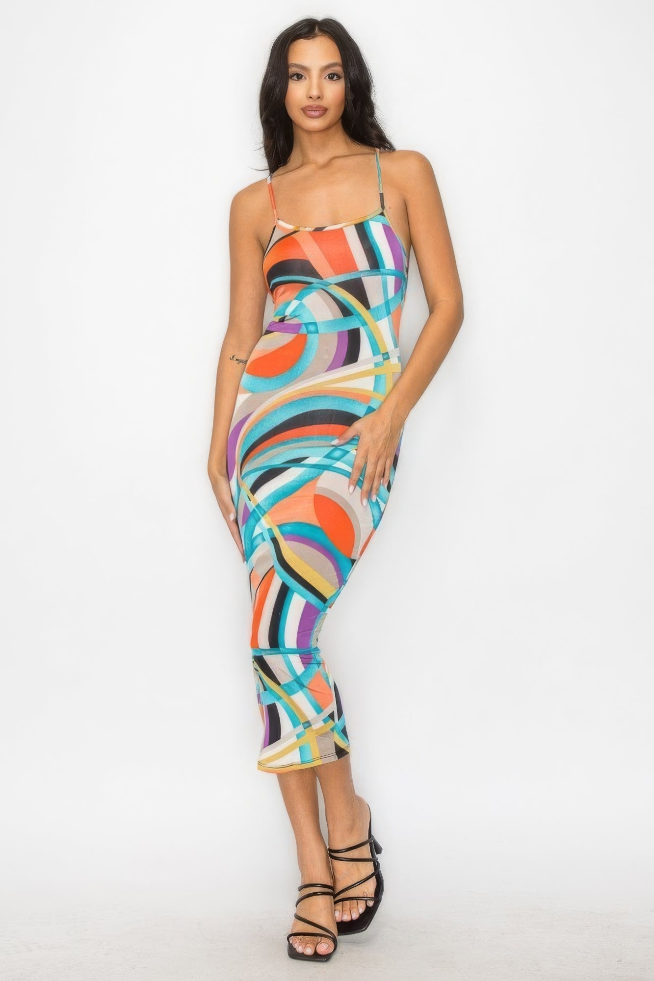 Womens Marble Multicolor Bodycon Midi Tank Dress Stretch Sleeveless Crossed Back