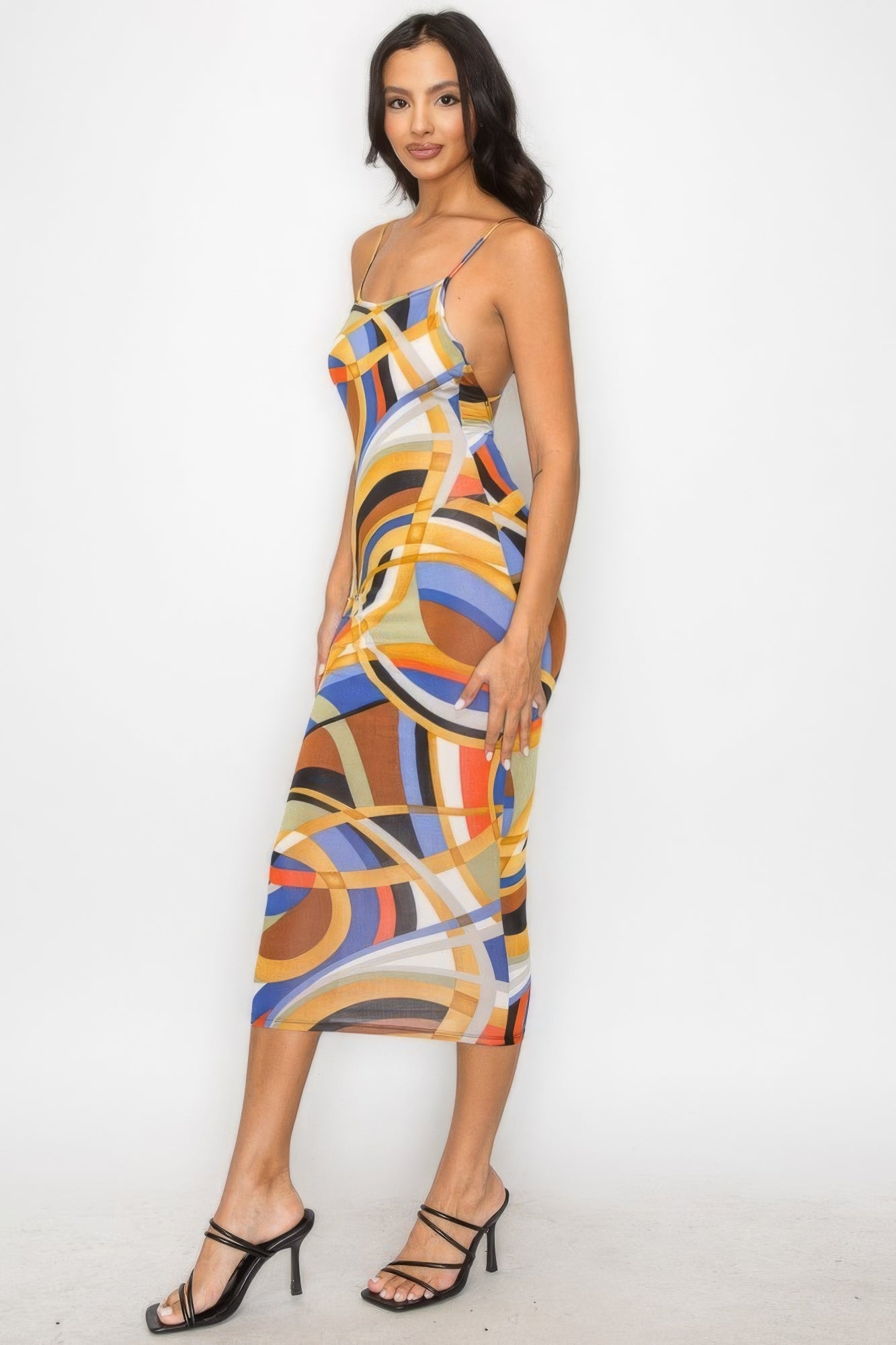 Womens Marble Multicolor Bodycon Midi Tank Dress Stretch Sleeveless Crossed Back