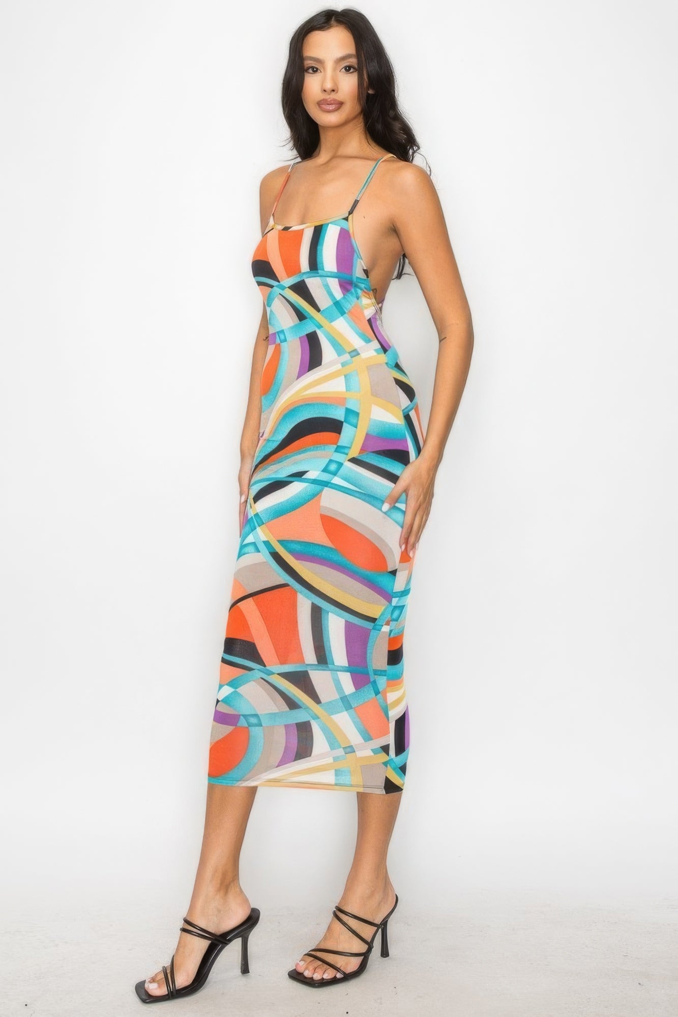 Womens Marble Multicolor Bodycon Midi Tank Dress Stretch Sleeveless Crossed Back