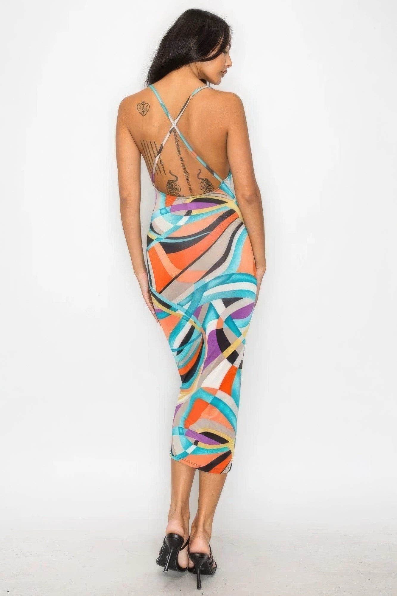 Womens Marble Multicolor Bodycon Midi Tank Dress Stretch Sleeveless Crossed Back