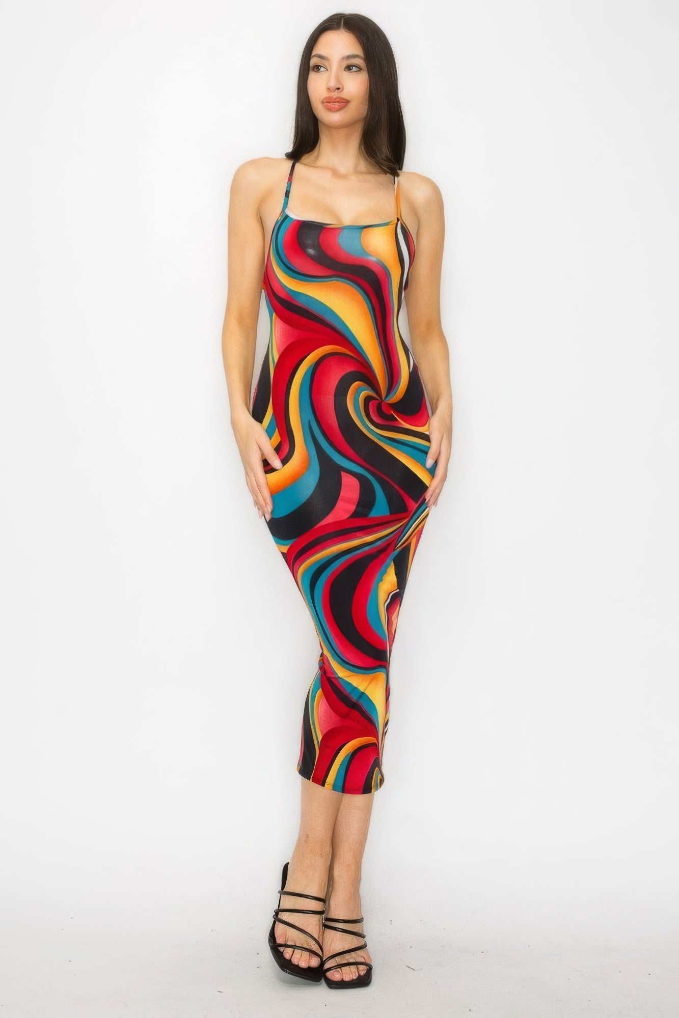 Womens Marble Multicolor Bodycon Midi Tank Dress Stretch Sleeveless Crossed Back
