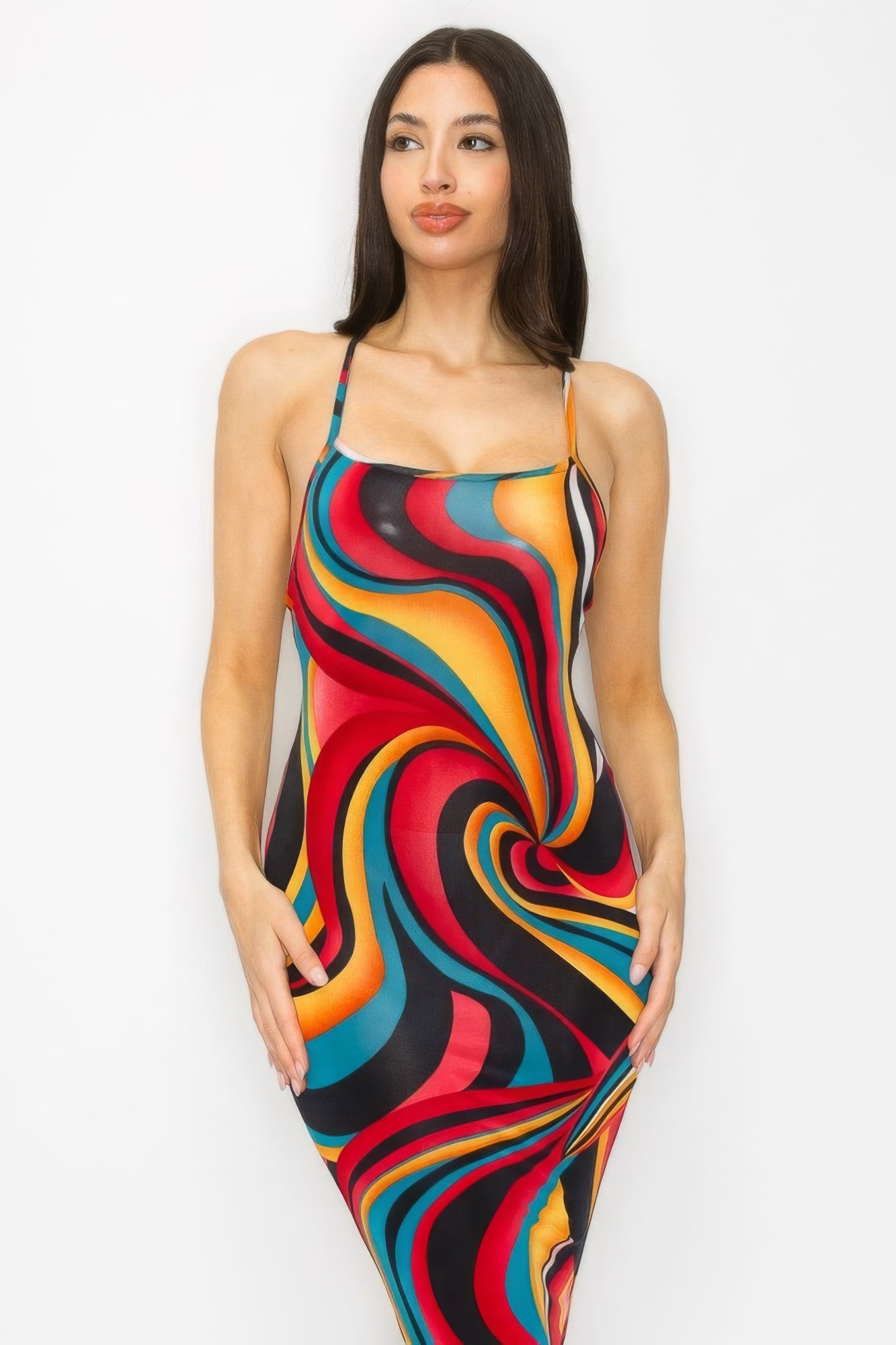 Womens Marble Multicolor Bodycon Midi Tank Dress Stretch Sleeveless Crossed Back