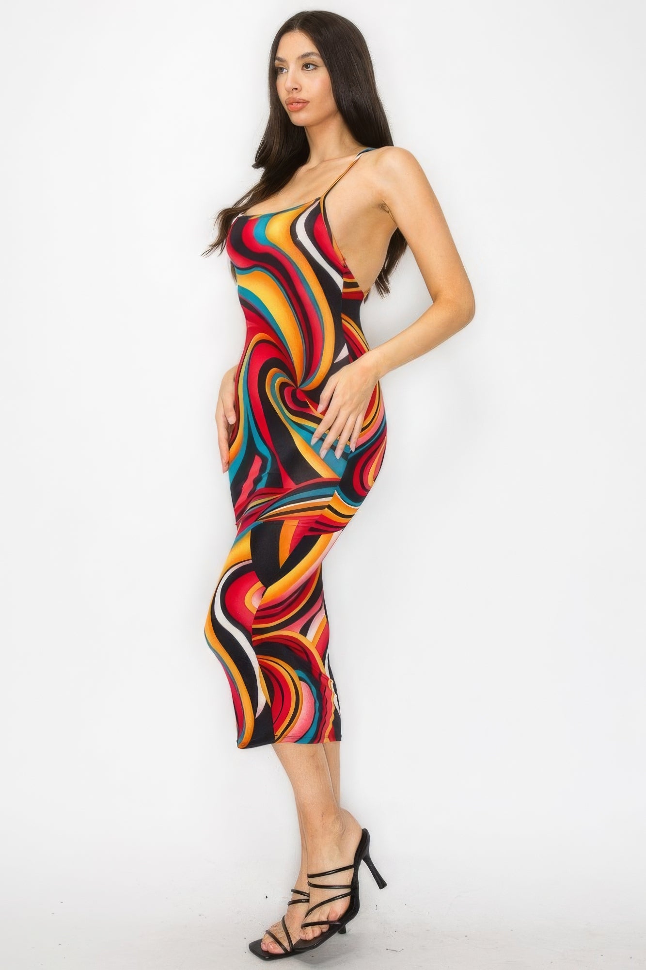 Womens Marble Multicolor Bodycon Midi Tank Dress Stretch Sleeveless Crossed Back